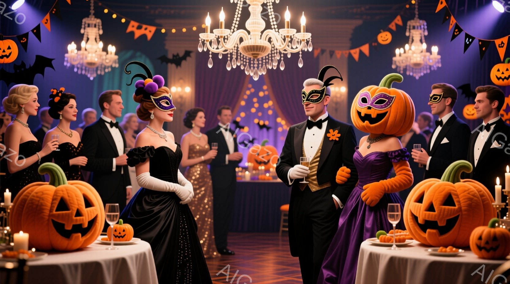 ハロウィーンパーティーの華やかな光景が描かれています。豪華なドレスやタキシードを着た人々が、オレンジ色のジャック・オ・ランタンや装飾で飾られた会場で楽しんでいます。女性たちは優雅なポーズで、男性たちはグラスを手に会話を楽しんでおり、会場全体が華やかで楽しい雰囲気に包まれています。