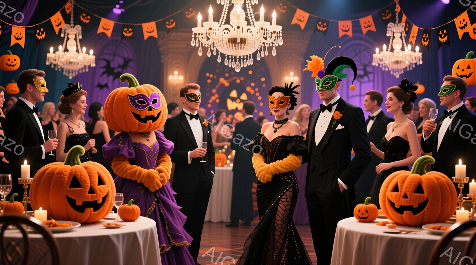 ハロウィーンパーティーの賑やかな光景が描かれています。豪華なドレスやタキシードを着た人々が仮装し、シャンデリアが輝く中でカクテルグラスを手に談笑しています。背景には、ハロウィーンの装飾が施されたテーブ - AI生成フリー素材