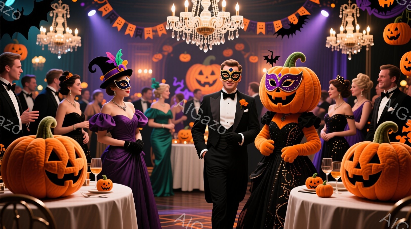 仮装した人々が集まる華やかなパーティーの様子が描かれている。紫色のドレスに帽子をかぶった女性と、タキシードを着てカボチャの頭をかぶった男性が、パーティー会場の中央を歩いている。背景にはシャンデリア、装 - AI生成フリー素材