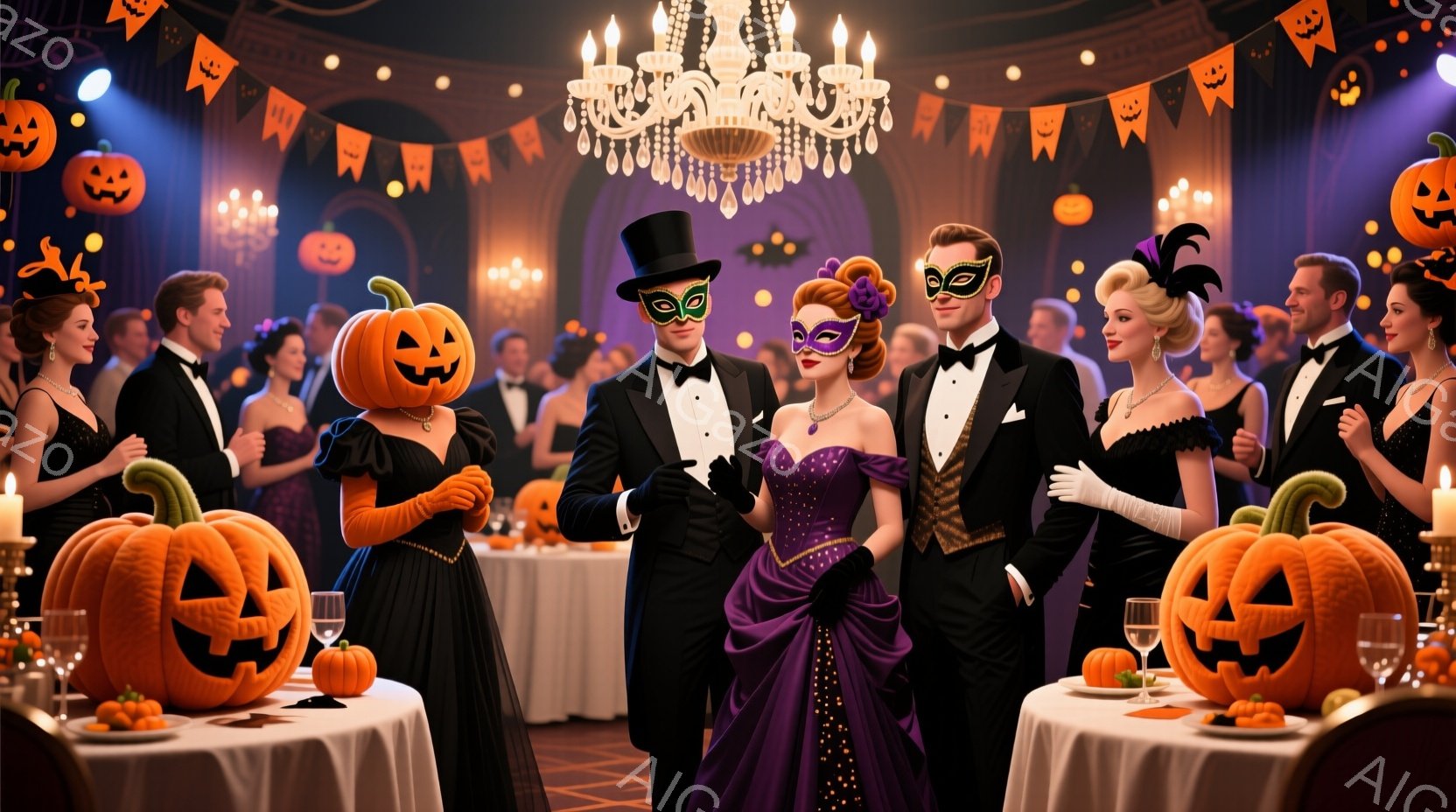 仮装パーティーが開かれている豪華な会場で、紫色のドレスに黒いマスクをつけた女性と、黒いタキシードとシルクハットを被った男性が手をつないで正面を向いている。背景には、様々な仮装をした人々や、ハロウィーンの装飾が施されたテーブル、カボチャのランタンが並び、華やかで楽しげな雰囲気が漂っている。シャンデリアの光が会場全体を照らし、優雅さと少し不気味さが混ざり合った、ハロウィーンの夜の特別な瞬間を捉えている。