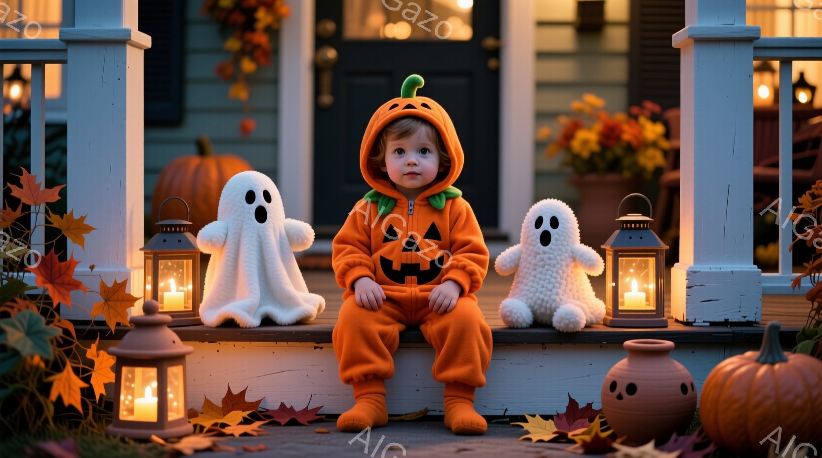 小さな子供がカボチャの着ぐるみ姿で、家の玄関の段に座っています。周りには白いお化けのぬいぐるみと、ハロウィーンらしいカボチャの飾りやオレンジ色の落ち葉が散らばっており、温かい光を放つランタンが並んでいます。背景には木製の家と夕焼けのような空が見え、秋の暖かく穏やかなハロウィーンの雰囲気が漂っています。