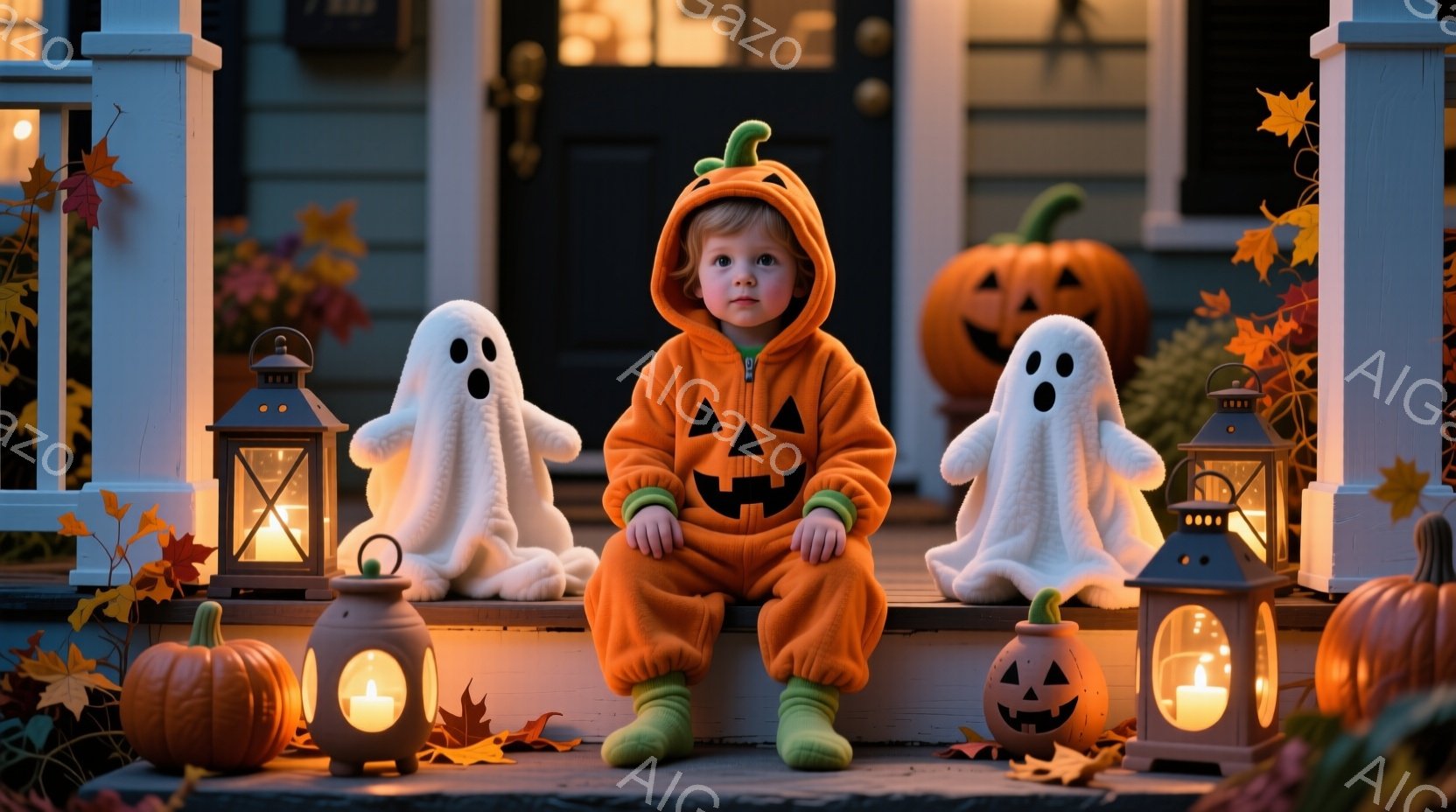 ハローウィーンの装飾に囲まれた幼い子供が、カボチャの着ぐるみ姿で階段に座っています。子供は緑色のソックスを履き、少し驚いたような表情をしています。背景には、ほくろを模した装飾、カボチャのランタン、そして落ち葉が散らばっており、暖かく幻想的な雰囲気を醸し出しています。