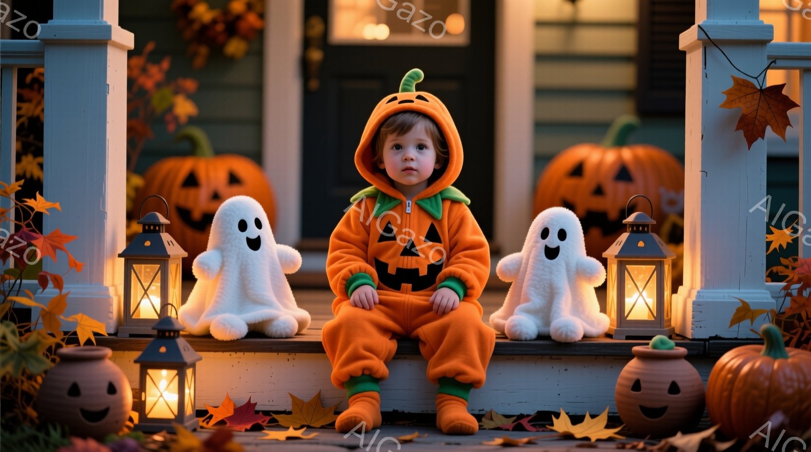 赤ちゃんがハロウィーンのオレンジ色のカボチャのコスチュームを着て、家のポーチの階段に座っています。周りには、白い幽霊のぬいぐるみと、点灯したランタンとカボチャの置物が置かれ、落ち葉が散らばっています。 - AI生成フリー素材