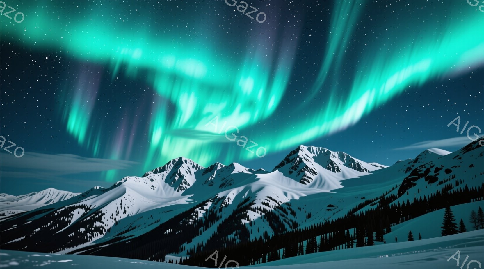 雪をまとった山々が連なり、その上空には緑と紫のオーロラが壮大に広がっている。暗い夜空と白い雪のコントラストが美しく、静寂で神秘的な雰囲気を醸し出している。針葉樹林が山の麓を覆い、冬の自然の厳しさと美し - AI生成フリー素材