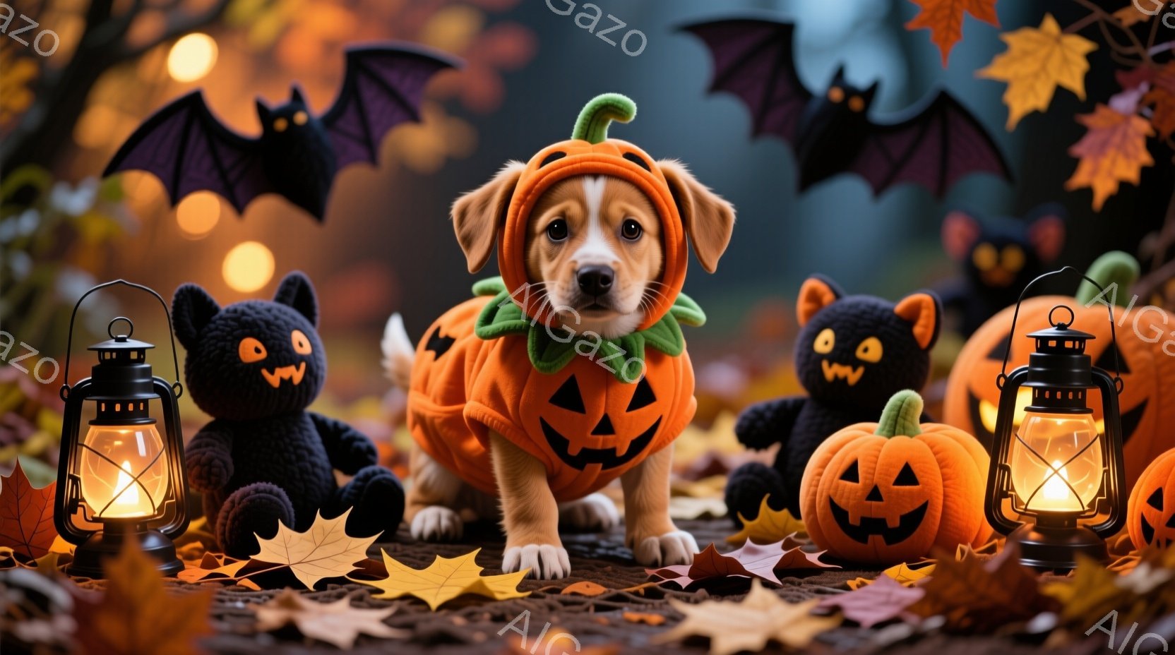 小さな子犬がハロウィーンのカボチャのコスチュームを着て、可愛らしく座っています。背景には黒い猫のぬいぐるみ、ジャック・オー・ランタン、そして落ち葉が散らばり、ハロウィーンらしい雰囲気を演出しています。ランタンの光が温かい光を放ち、秋の夜長の趣のある情景を作り出しています。