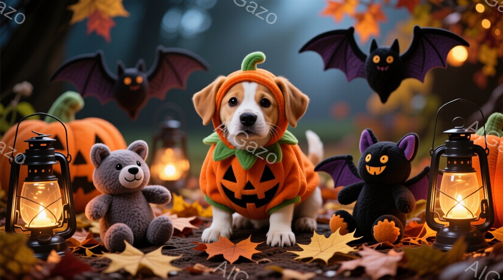 小さな犬がハロウィーンのカボチャの衣装を着て、前足を広げて座っています。背景には、テディベア、コウモリのぬいぐるみ、オレンジ色の落ち葉、そして点灯したランタンが配置され、ハロウィーンの雰囲気を作り出し - AI生成フリー素材