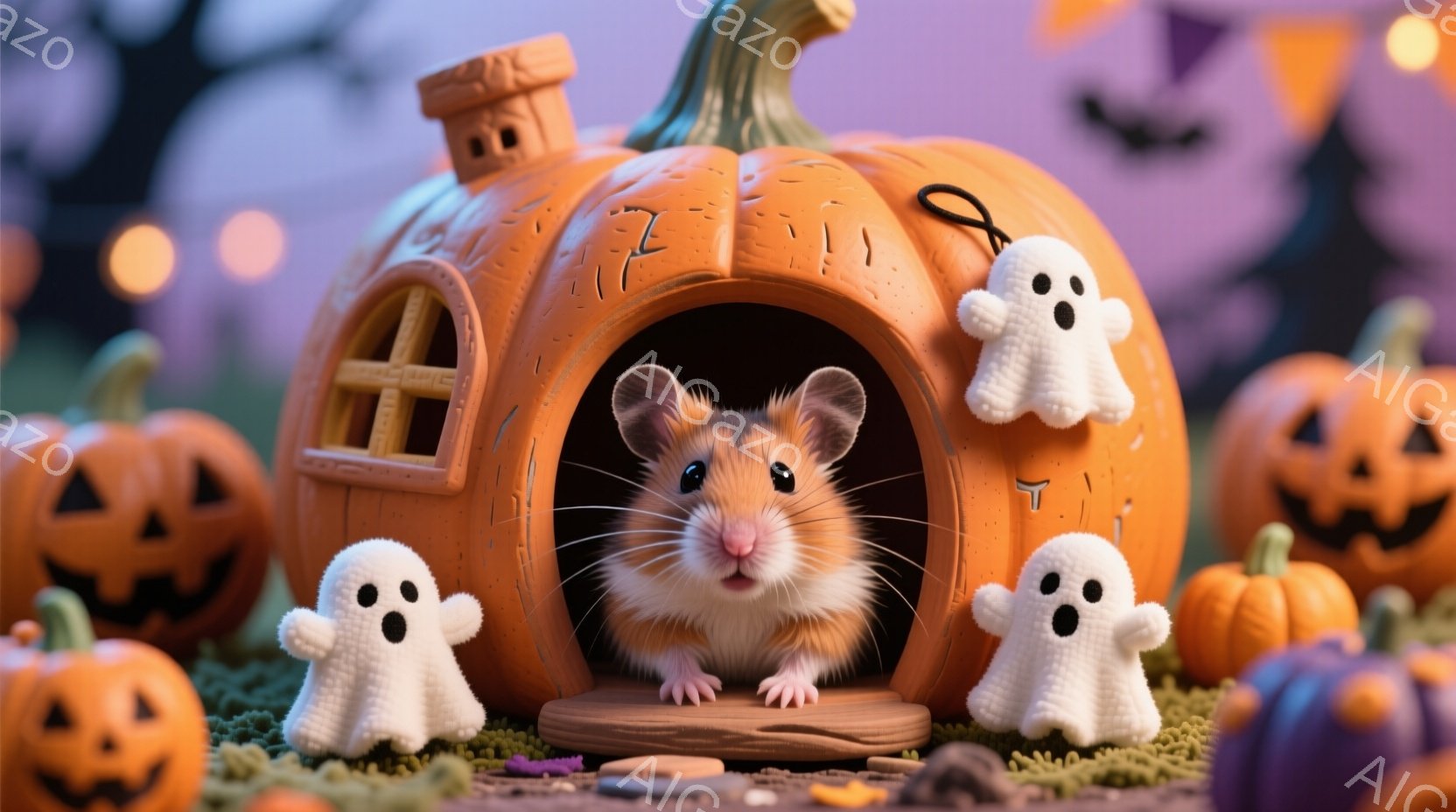 小さなハムスターがオレンジ色のカボチャの家から顔を出しています。周りには白い幽霊の置物や様々な色のカボチャが並び、背景にはぼんやりとした木々と紫色の空が広がっています。ハロウィーンの楽しい雰囲気が漂う - AI生成フリー素材