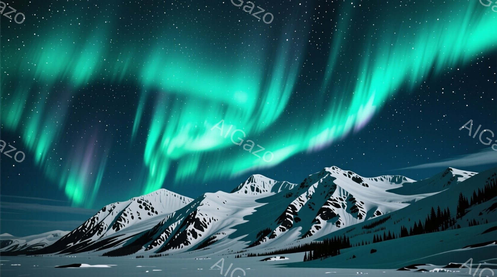 雪をまとった山々が連なり、夜空にはオーロラが輝いている。暗い山肌と白い雪のコントラストが印象的で、針葉樹林が麓に点在している。全体的に静寂で神秘的な雰囲気が漂い、冬の夜空を美しく表現している。 - AI生成フリー素材