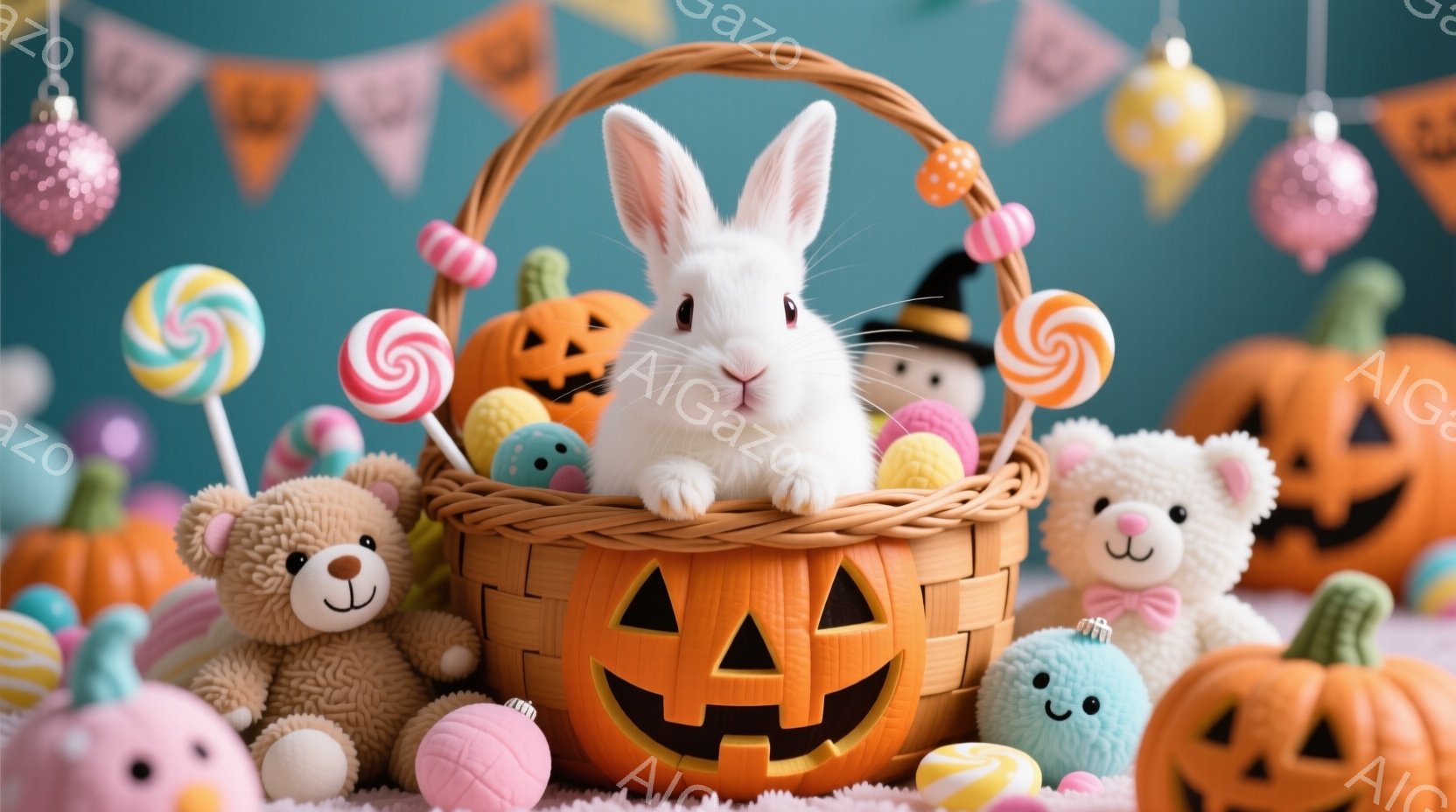 暗い夜空を背景に、フクロウが枝にとまっています。フクロウは丸い目をしており、好奇心旺盛そうに見えます。枝には、ジャック・オ・ランタンの形をした提灯と、可愛いお化けのキーホルダーがぶら下がっており、ハロウィンの雰囲気です。