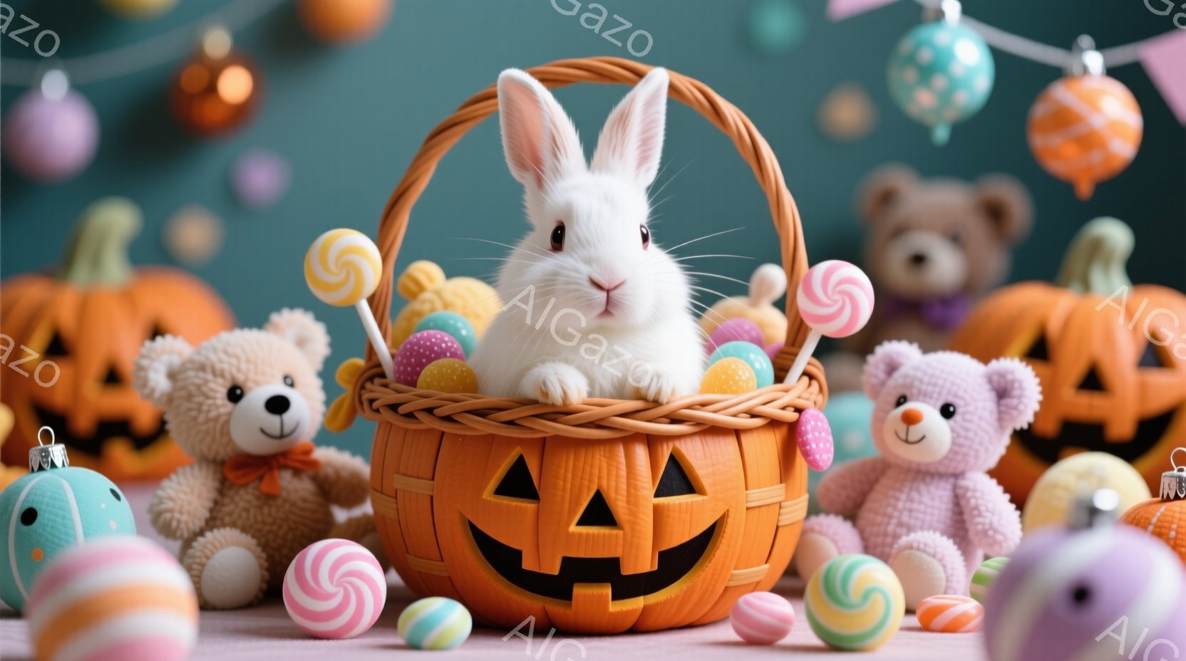 白いウサギがハロウィーンのジャック・オー・ランタンのバスケットに座っています。周りにはキャンディや装飾された卵、可愛らしいテディベアが置かれ、明るくお祝いムードを醸し出しています。背景にはハロウィーンの飾り付けがあり、全体的に温かく、楽しい雰囲気が漂っています。