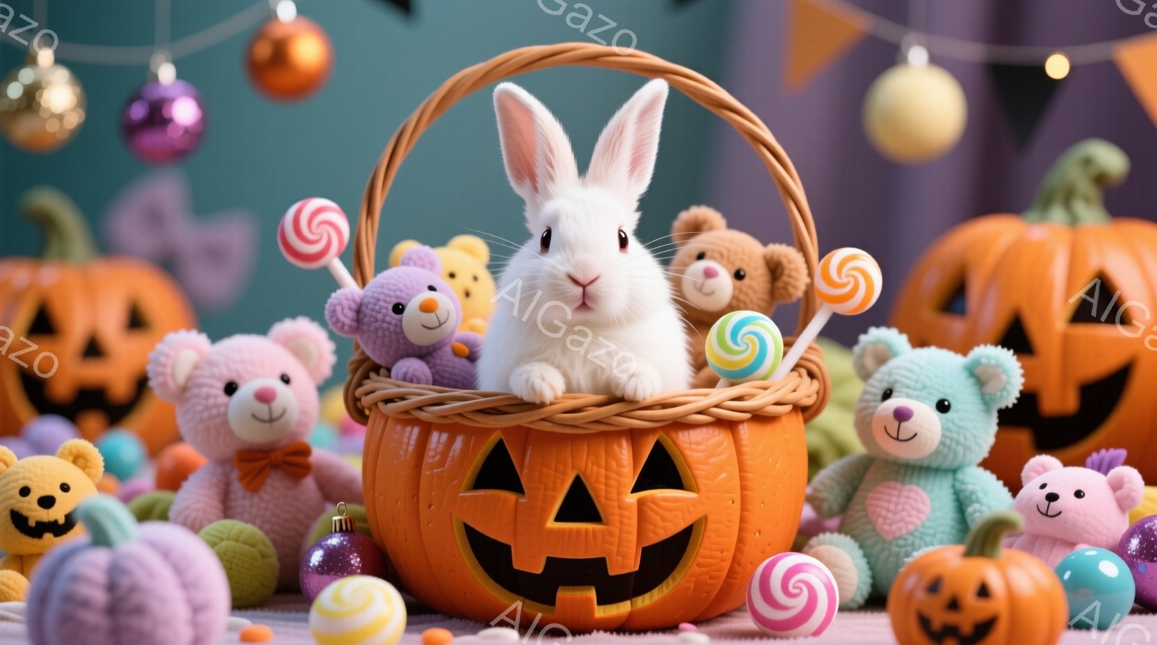 白いウサギがオレンジ色のジャック・オー・ランタンのバスケットの中に座っており、ピンク色のクマのぬいぐるみに囲まれています。背景には様々な色のハロウィーンの飾りや、より小さなパンプキンの飾りが見え、全体 - AI生成フリー素材