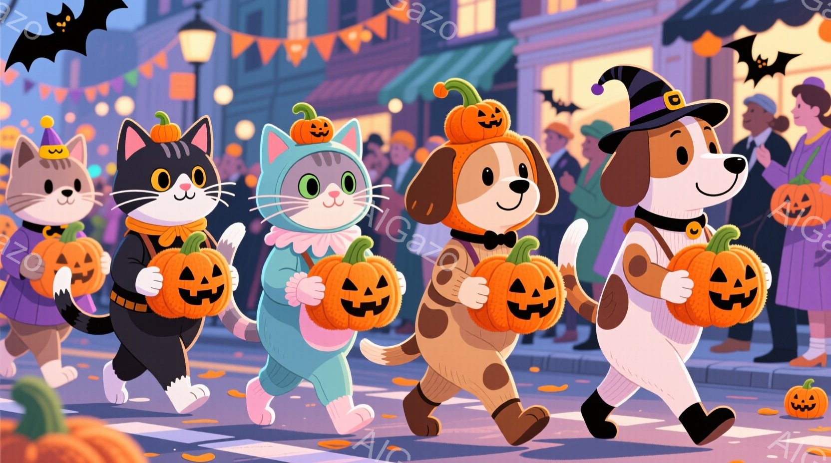 ハロウィーンの衣装を着た猫と犬たちが、それぞれ大きなジャック・オ・ランタンのバケツを持って歩道を歩いています。背景には、ハロウィーンの装飾が施された建物や街路樹が見え、夜空にはコウモリが舞っています。 - AI生成フリー素材