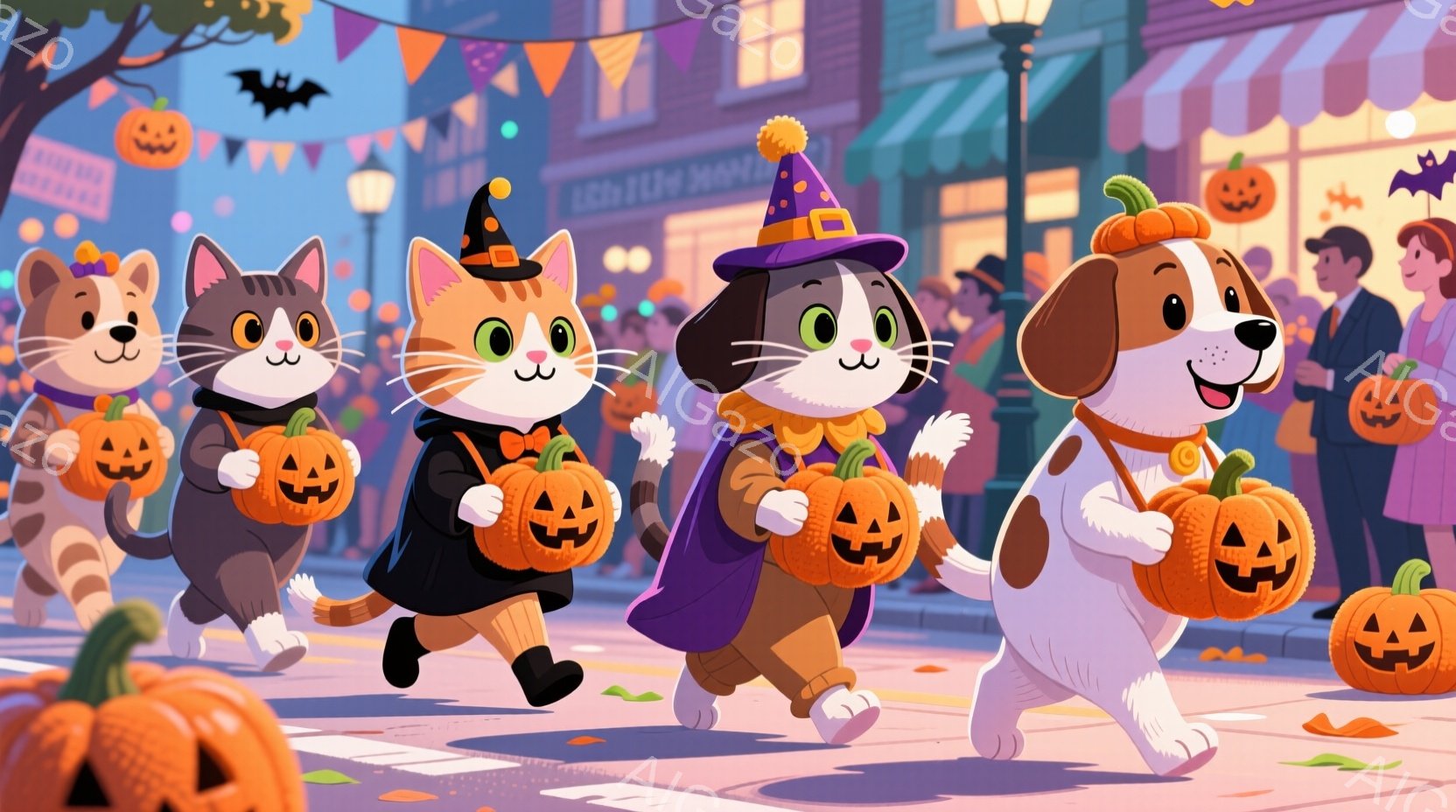 ハロウィーンの衣装を着た猫と犬たちが、それぞれカボチャの形をしたお菓子入れを持って歩いている様子が描かれている。背景には、ハロウィーンの飾り付けがされた建物や、夜空に飾られた旗があり、祝祭的な雰囲気が - AI生成フリー素材