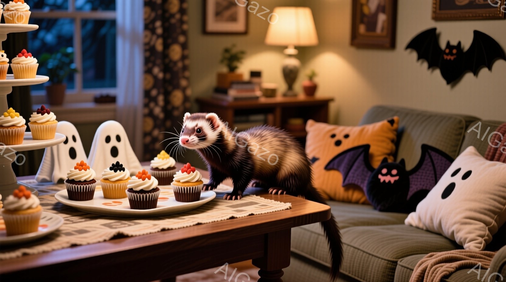 茶色の木製のテーブルの上に、ハロウィーンをテーマにしたカップケーキが並べられたお皿があります。テーブルの上には、白い幽霊の飾りとオレンジ色のカボチャの飾りも置かれ、背景には黒いコウモリの模様のクッショ - AI生成フリー素材