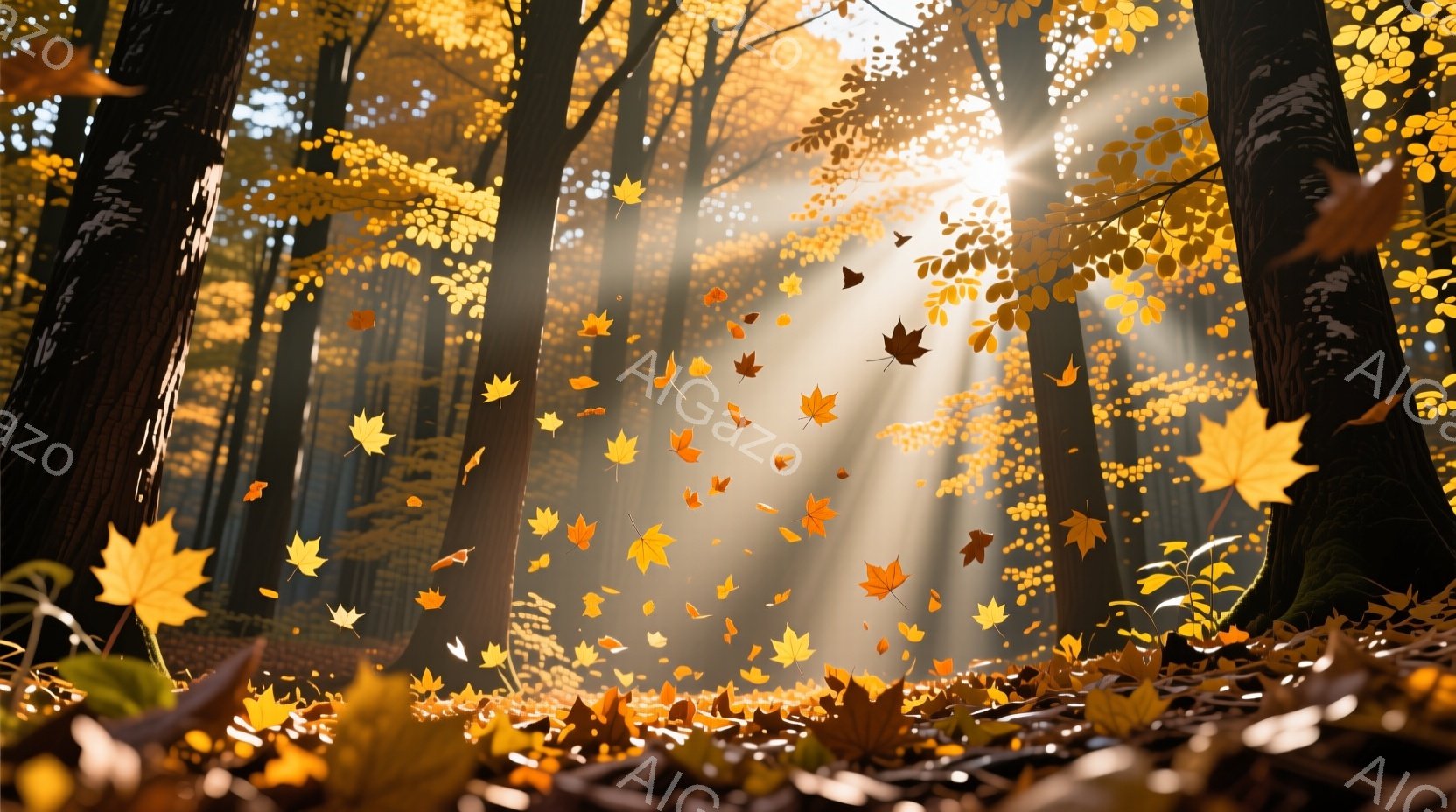 秋の森の風景で、地面には落ち葉が散りばめられ、木々の間から太陽光が差し込んで明るい光景が広がっています。鮮やかなオレンジや黄色の紅葉が舞い落ちており、自然の温かさと穏やかな雰囲気を醸し出しています。木 - AI生成フリー素材