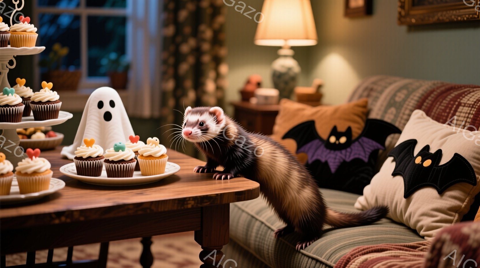 暖炉のある居間で、かわいらしいフェレットがハロウィーンのカップケーキの隣に立っています。背景には、お化けの飾りとコウモリ柄のクッションがあり、ハロウィーンの雰囲気を醸し出しています。全体的に、温かく、 - AI生成フリー素材