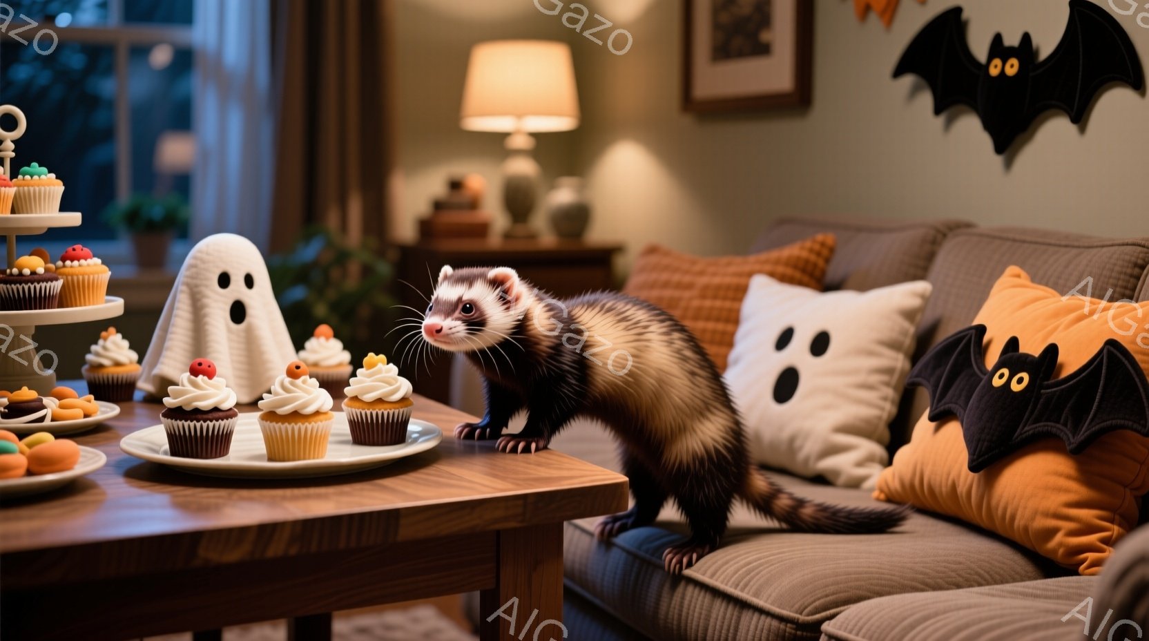 暖炉のあるリビングルームには、ハロウィーンをテーマにした装飾が施され、可愛らしいフェレットがテーブルの上に立っています。テーブルの上には、カラフルなフロスティングを施したカップケーキやキャンディーが並び、白い幽霊の飾りとオレンジ色のコウモリのクッションが、お祝いの雰囲気を高めています。フェレットは少し緊張した表情で、まるでパーティーの主役になったかのように、少し誇らしげに立っています。