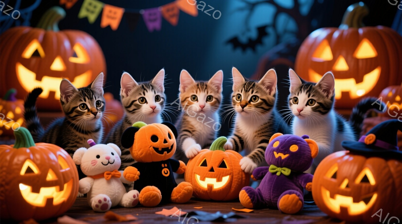 明るく照らされたハロウィーンの背景に、縞模様の子猫たちが一列に並んでいます。それぞれの猫は好奇心と遊び心のある表情で、オレンジ色のジャック・オ・ランタンや紫と黒の可愛らしいぬいぐるみに囲まれています。 - AI生成フリー素材