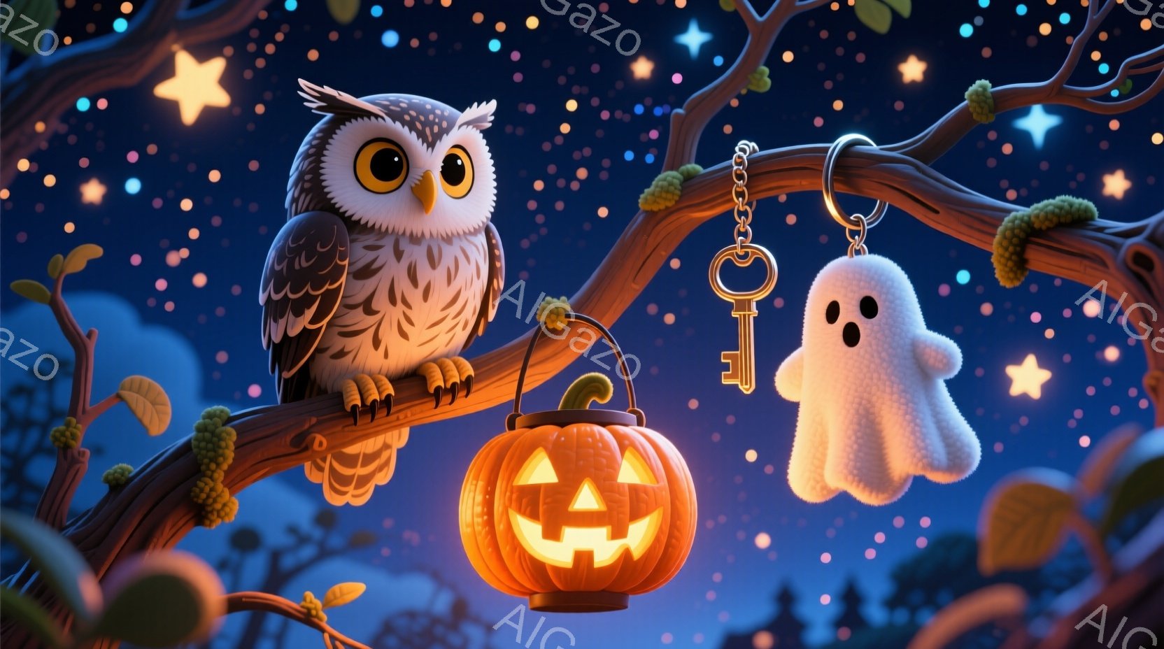 夜空を背景に、フクロウが木の枝に止まり、オレンジ色のジャック・オー・ランタンと幽霊のキーホルダーがぶら下がっています。フクロウは丸い目で好奇心旺盛そうに見え、夜空には星が散りばめられています。全体的に - AI生成フリー素材