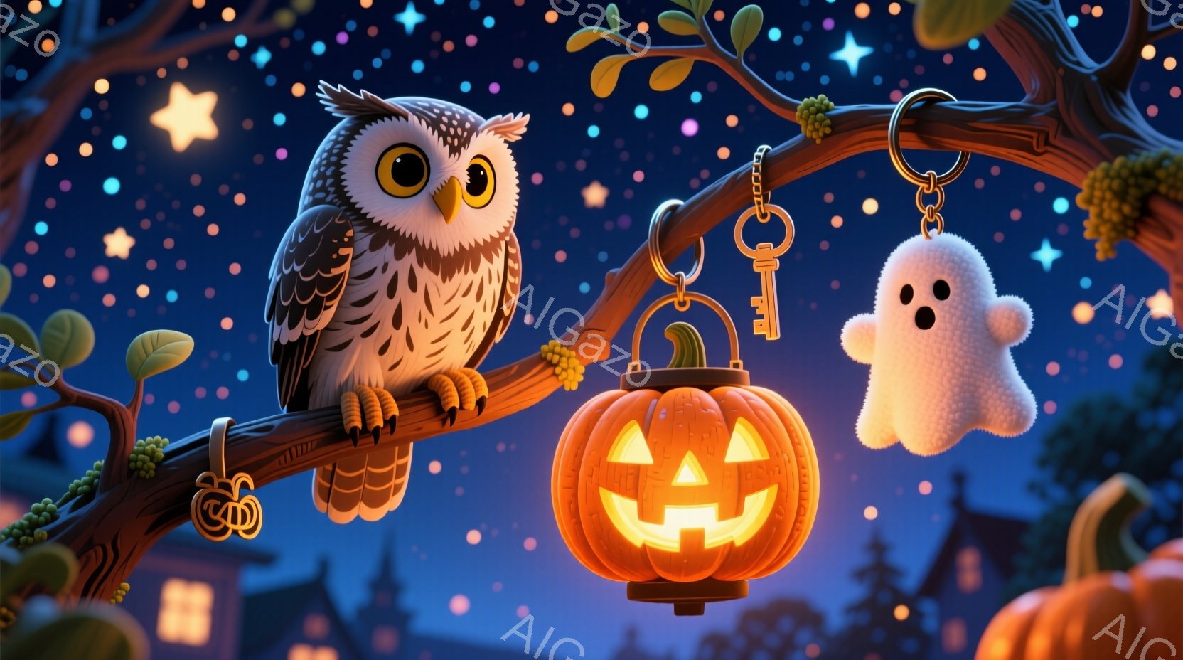 深い青色の夜空を背景に、枝に止まったフクロウ、カボチャのランタン、そしてお化けのキーホルダーが描かれています。フクロウは丸い目でこちらを見つめ、小さな爪で枝につかまっています。背景にはシルエットのような建物や木々が見え、星空が広がり、ハロウィンの夜の幻想的な雰囲気を醸し出しています。