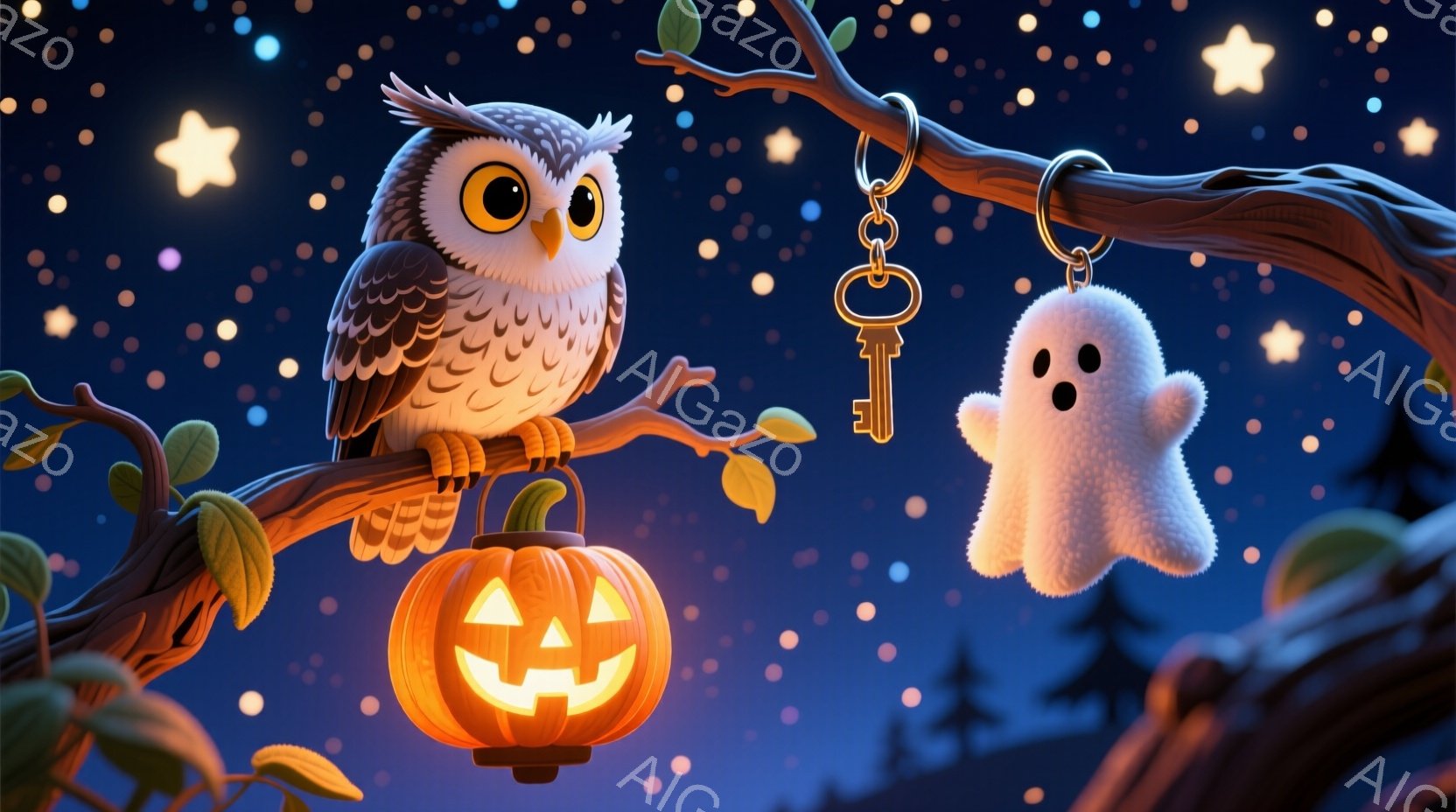 夜の森を背景に、フクロウがカボチャのランタンが灯った枝に止まっています。フクロウは丸い目で好奇心旺盛そうに見え、柔らかい羽毛が特徴的です。ランタンの横には、可愛らしいお化けのキーホルダーがぶら下がっており、背景には星が散りばめられ、ハロウィンのような幻想的な雰囲気を醸し出しています。