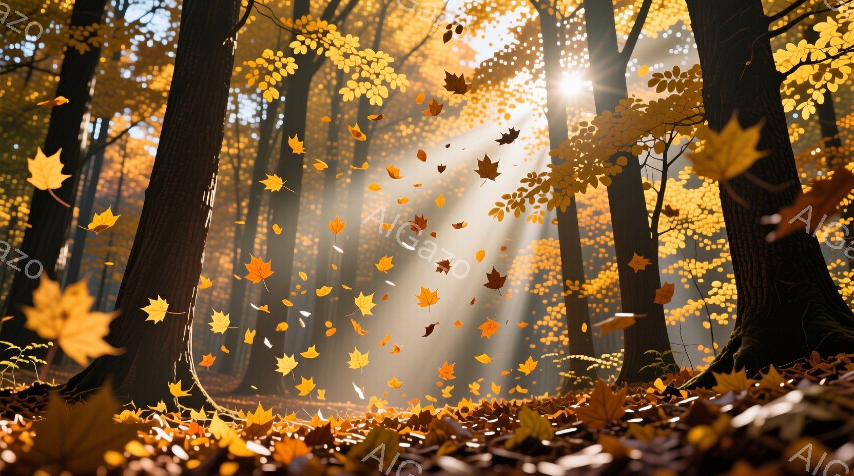 鮮やかな紅葉が舞い散る森林が描かれている。木々の間から差し込む陽光が、落ち葉を照らし、幻想的な雰囲気を醸し出している。地面は落ち葉で覆われ、秋の深まりを感じさせる。 - AI生成フリー素材