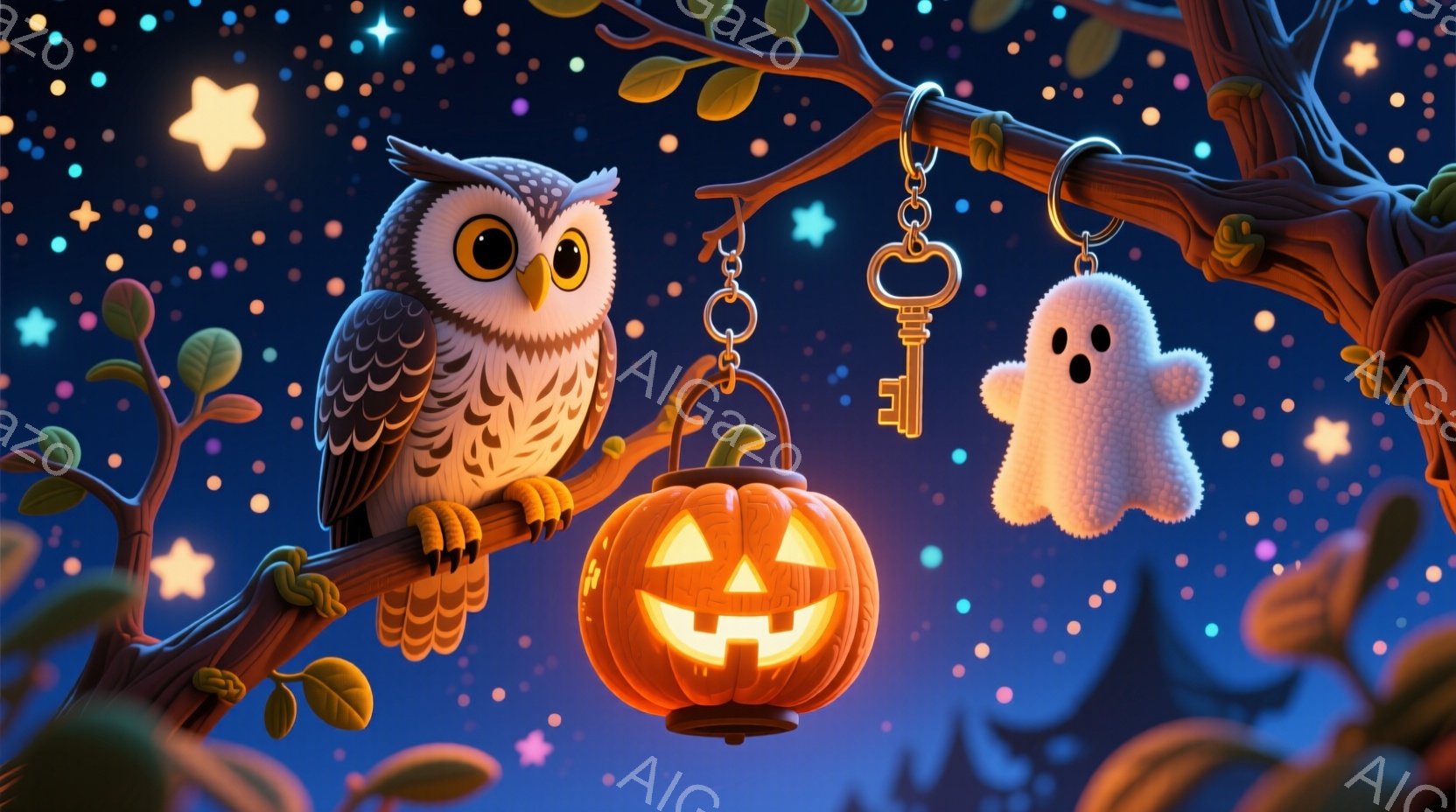 暗い青色の背景に、木の枝に止まったフクロウが描かれています。フクロウは丸い目をしており、下にはオレンジ色のジャック・オー・ランタンと白い幽霊のキーホルダーがぶら下がっています。夜空には星が輝き、ハロウィーンの楽しい雰囲気を醸し出しています。