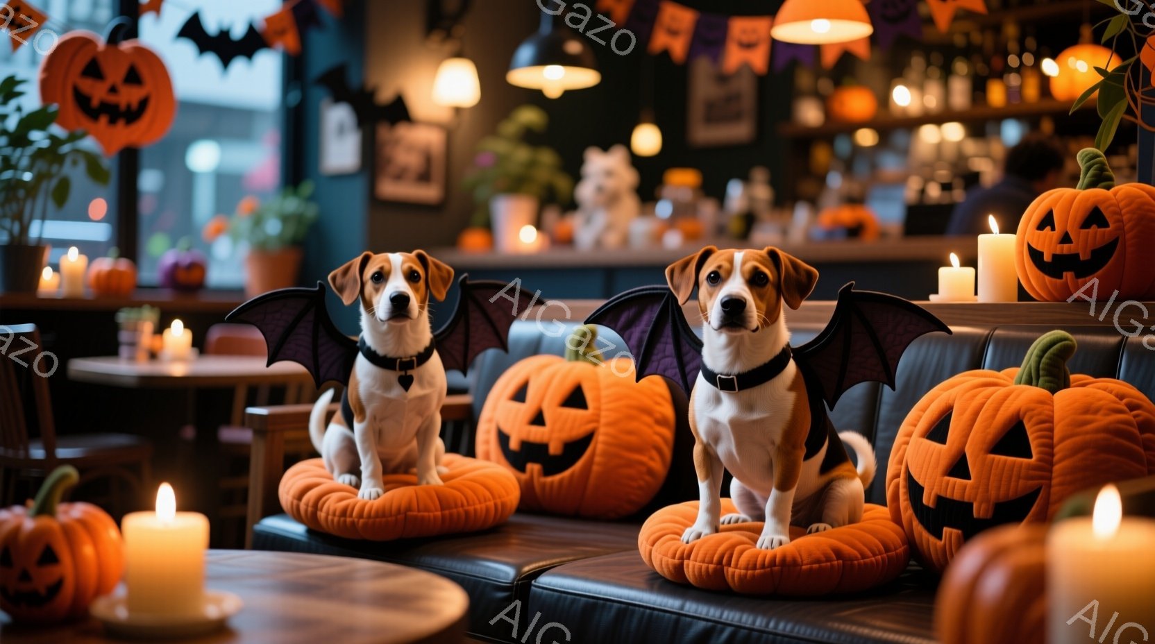 ハロウィーンの装飾が施されたカフェのような場所で、翼をつけた2匹の犬がオレンジ色のカボチャのクッションの上に座っています。犬たちはまっすぐに座り、カメラを見つめており、周囲にはハロウィーンの装飾やキャ - AI生成フリー素材
