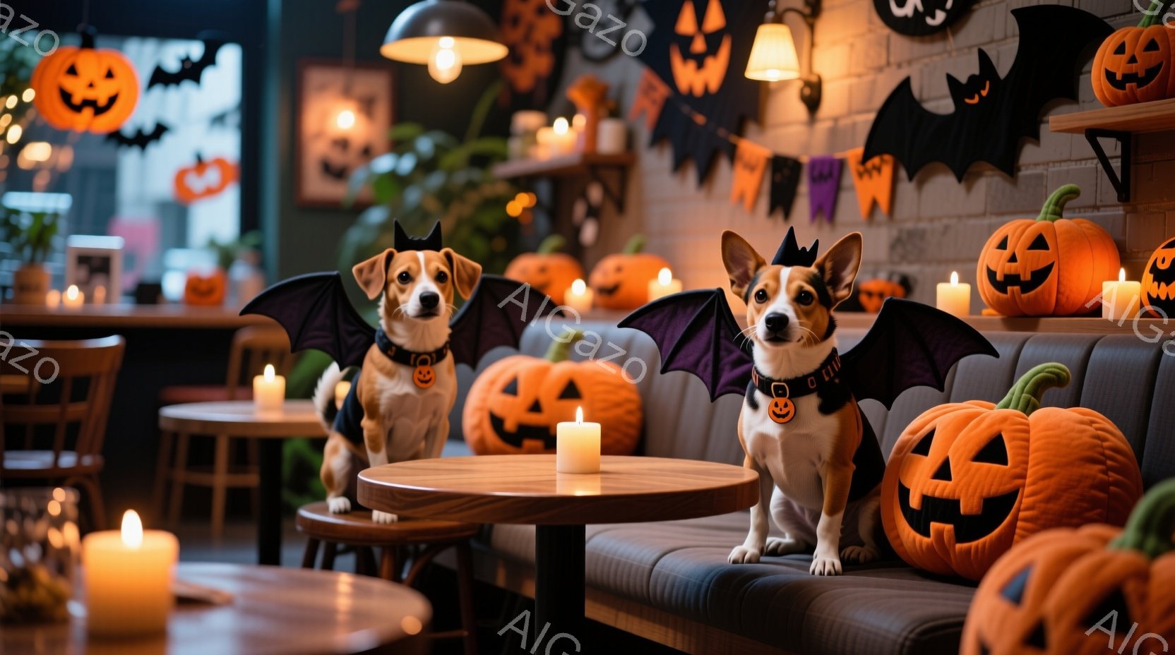 ハロウィーンの装飾が施された室内で、翼のついた衣装を着た2匹の犬がテーブルとソファに座っています。犬たちは楽しそうな表情でカメラを見つめ、ハロウィーンの雰囲気を盛り上げています。背景にはオレンジ色のカ - AI生成フリー素材