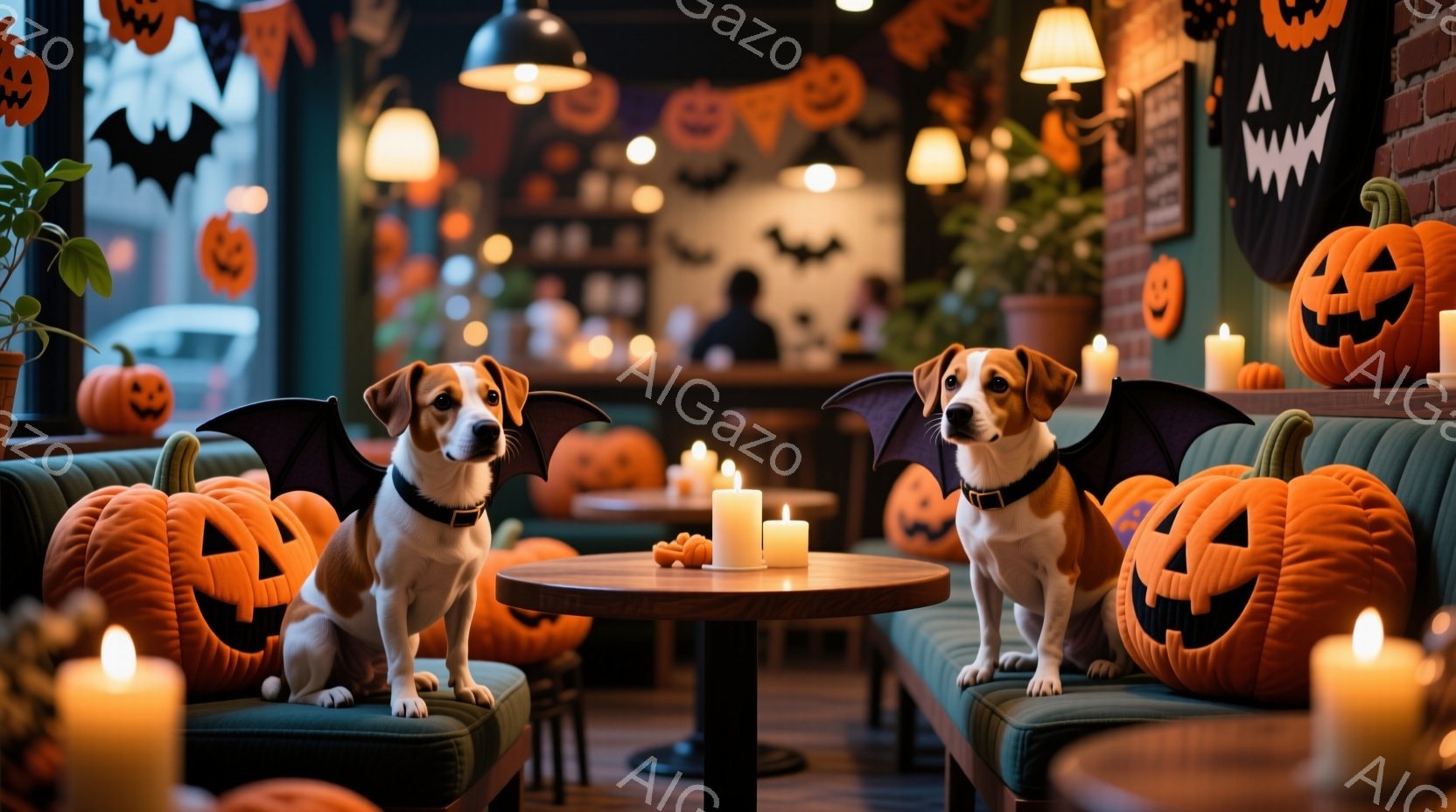 ハムスターが、ハロウィーンの飾り付けられたカボチャの家から顔を出しています。周囲には小さな幽霊やカボチャのランタンが配置され、緑色の苔が地面を覆っています。背景には、ぼやけたオレンジと紫色のハロウィーンの装飾が散りばめられ、お祭り気分を盛り上げています。