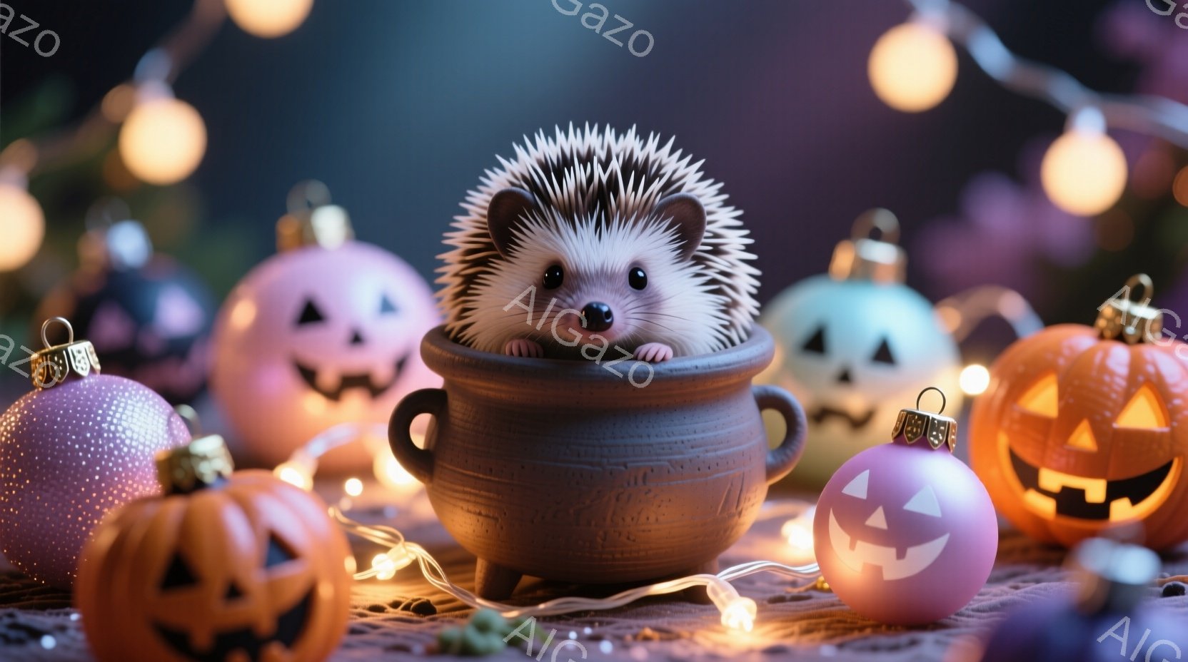 土器の鉢に小さなハリネズミが隠れている様子が描かれています。周囲にはハロウィーンの飾り付けであるカボチャのオーナメントや光る電飾が散りばめられており、暖かく幻想的な雰囲気を醸し出しています。ハリネズミは少し顔を出しており、可愛らしい表情でこちらを見ているように見えます。