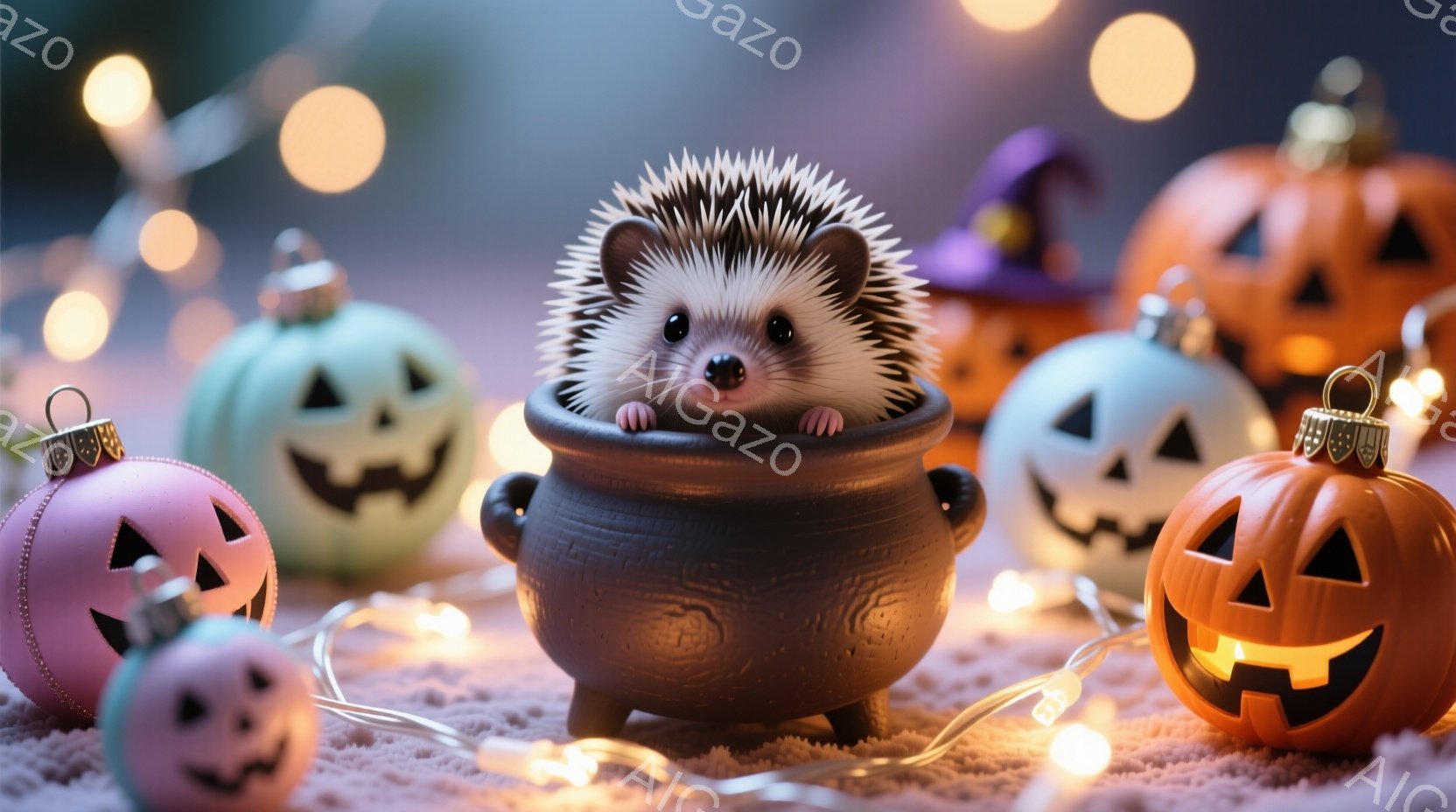 可愛らしいハリネズミが、茶色い植木鉢の中から顔を出しています。周りにはオレンジ、ピンク、水色のハロウィン風の飾り付けのカボチャが散りばめられ、小さな電球の光が柔らかく照らしています。全体的に、暖かく、お祝いムードいっぱいの、可愛らしいハロウィーンの雰囲気が漂っています。