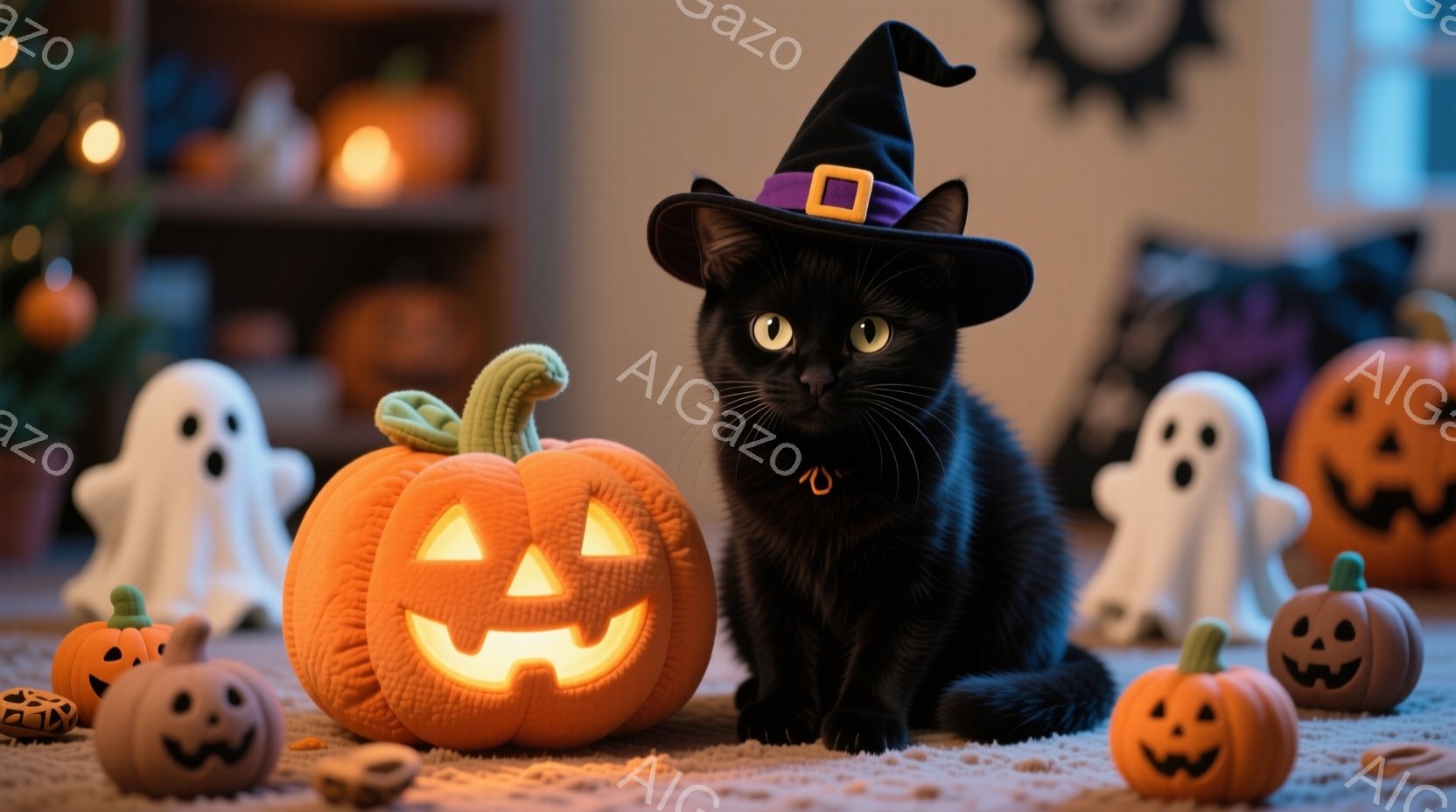 黒猫がハロウィーンの帽子を被り、彫刻されたジャック・オー・ランタンと幽霊の置物の中に座っています。猫はまっすぐ前を見つめ、少し警戒した表情を浮かべています。背景には、ハロウィーンの装飾が施された暖かくほのかな光の室内が広がっています。