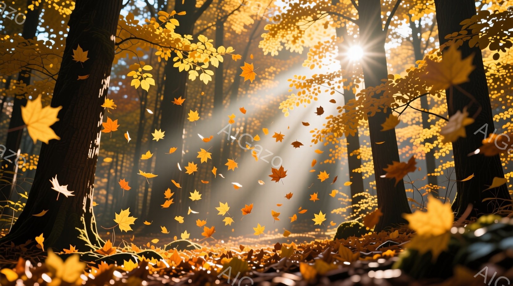 鮮やかな紅葉が舞い散る森の中の光景だ。太陽の光が木々の間から差し込み、地面や落ち葉を黄金色に照らし出している。全体的に暖かく、幻想的な雰囲気が漂っており、秋の深まりを感じさせる。 - AI生成フリー素材