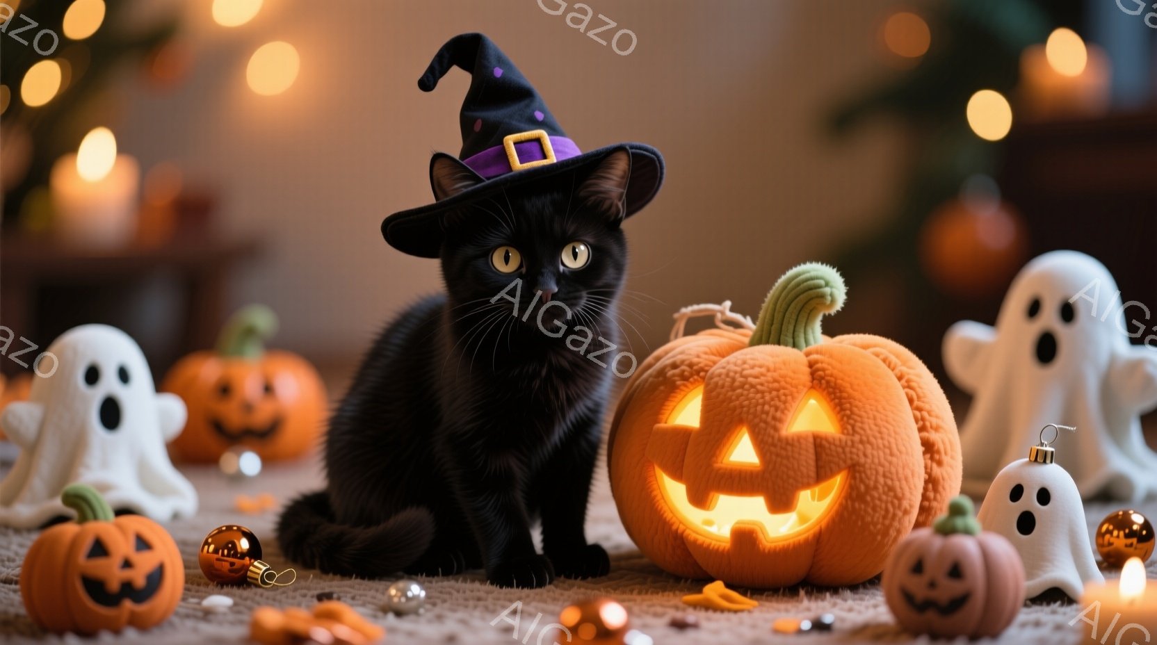 黒猫がハロウィーンの帽子をかぶり、オレンジ色の背景に囲まれて座っています。周囲には様々な大きさのジャック・オー・ランタンや可愛らしいお化けのぬいぐるみが置かれ、キラキラ光る飾りも散りばめられています。 - AI生成フリー素材