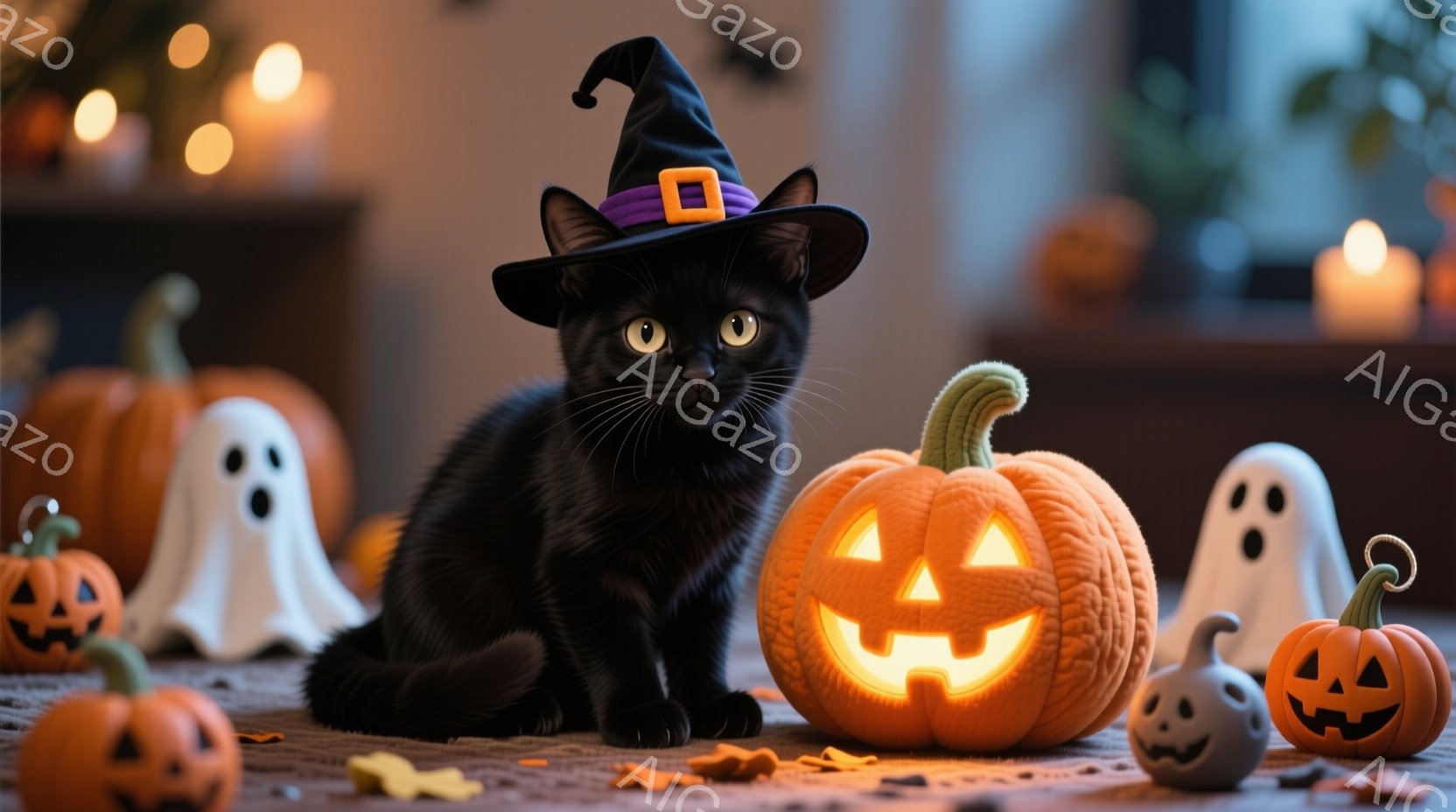 黒猫がハロウィーンの帽子をかぶり、正面を見て座っています。周囲には、さまざまな大きさのジャック・オー・ランタンと白いお化けが配置され、オレンジと白のコントラストが印象的です。背景は暖色系の光で照らされ - AI生成フリー素材