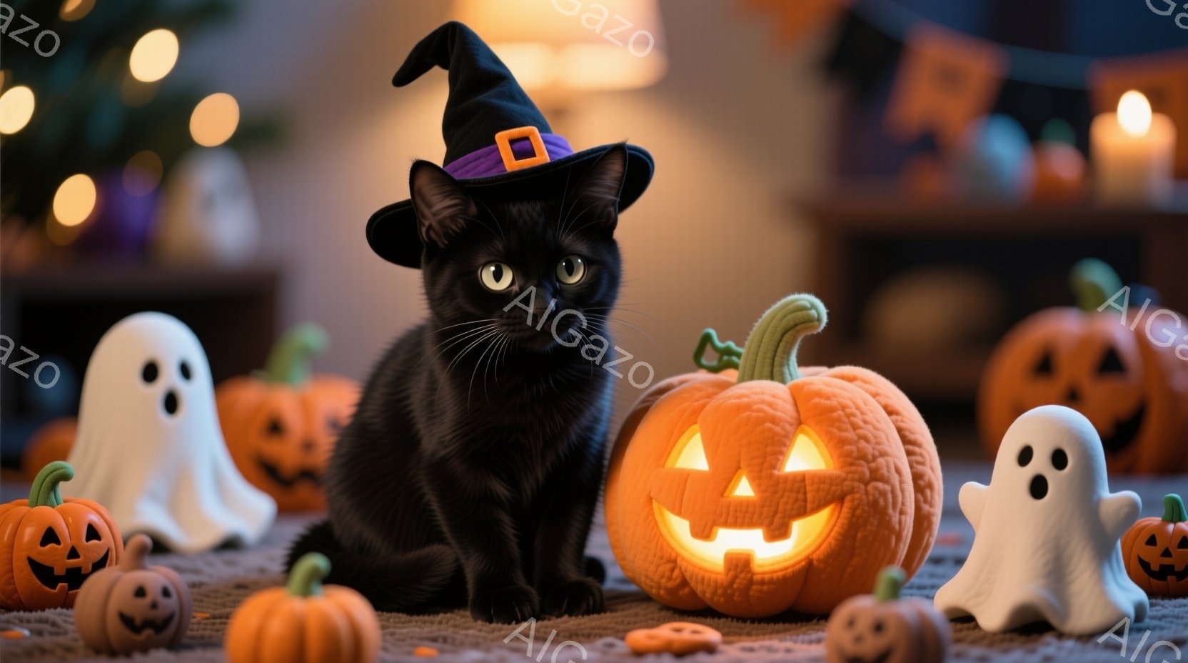 黒猫がハロウィーンの帽子をかぶり、明るく照らされたジャック・オー・ランタンのそばに座っています。背景には、様々な大きさの他のジャック・オー・ランタンと、白いお化けが配置され、ハロウィーンらしい雰囲気を - AI生成フリー素材