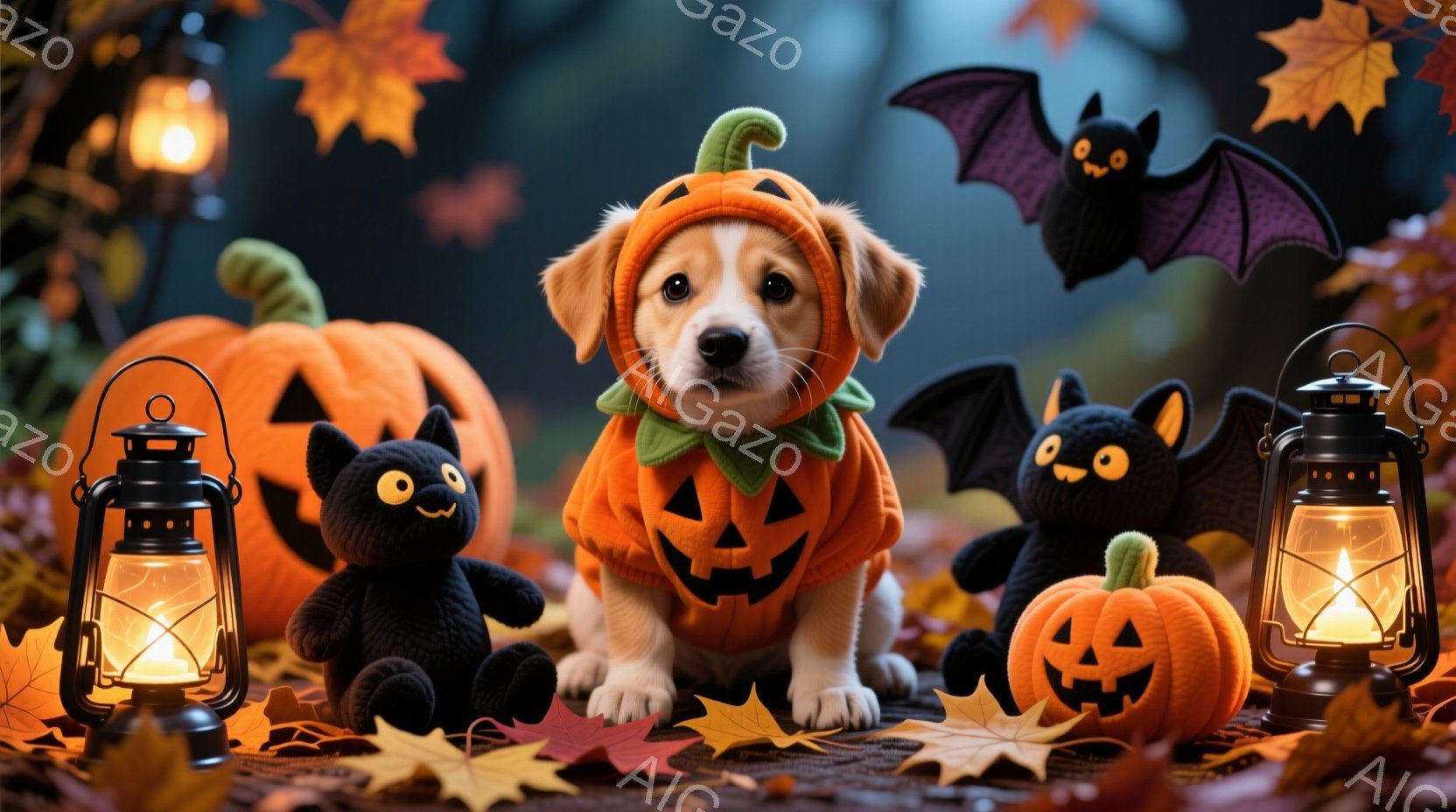 オレンジ色のカボチャの衣装を着た子犬が、丸い目でカメラを見つめています。背景には、ハロウィーンの装飾であるカボチャや黒いコウモリのぬいぐるみ、そして落ち葉が散らばっており、薄暗い照明がハロウィーンの雰 - AI生成フリー素材