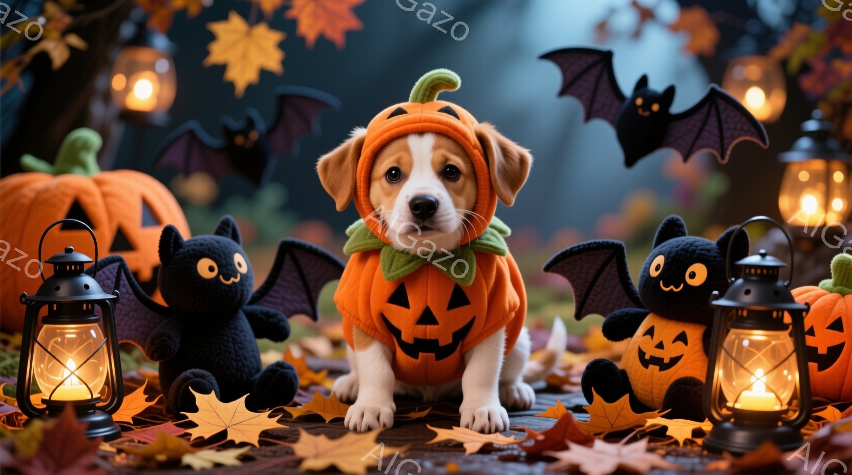 小さな子犬がハロウィーンのパンプキンコスチュームを着て、落ち葉の中に座っています。背景には、黒い猫のぬいぐるみ、ランタン、そして様々なサイズのジャック・オ・ランタンが配置され、ハロウィーンの雰囲気を盛 - AI生成フリー素材