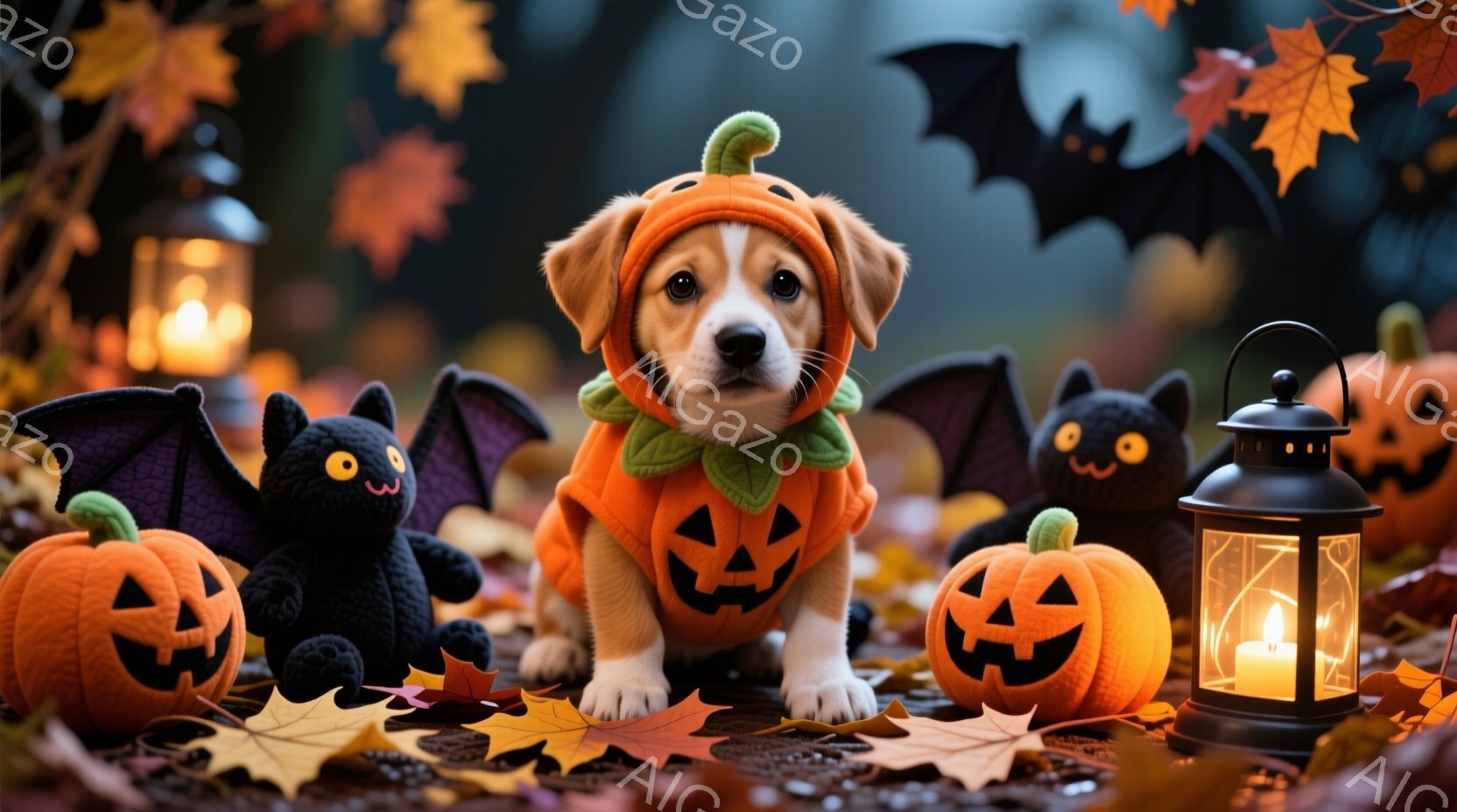 小さな子犬がカボチャのコスチュームを着て、おもちゃの黒猫やジャック・オー・ランタンに囲まれています。背景には、秋らしい落ち葉と、ぼんやりと見えるランタンが並び、ハロウィーンの雰囲気を醸し出しています。 - AI生成フリー素材