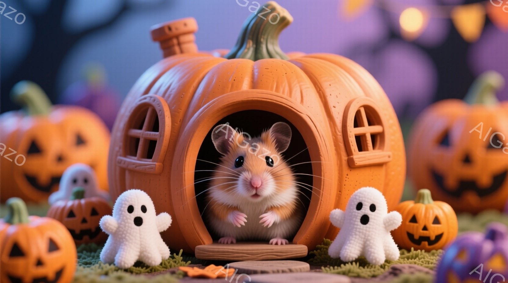 ハムスターがカボチャの家から顔を出しています。可愛らしいハムスターは、白い幽霊の人形に囲まれ、優しい表情をしています。背景には、様々な大きさのジャック・オー・ランタンが配置され、ハロウィーンらしい雰囲 - AI生成フリー素材