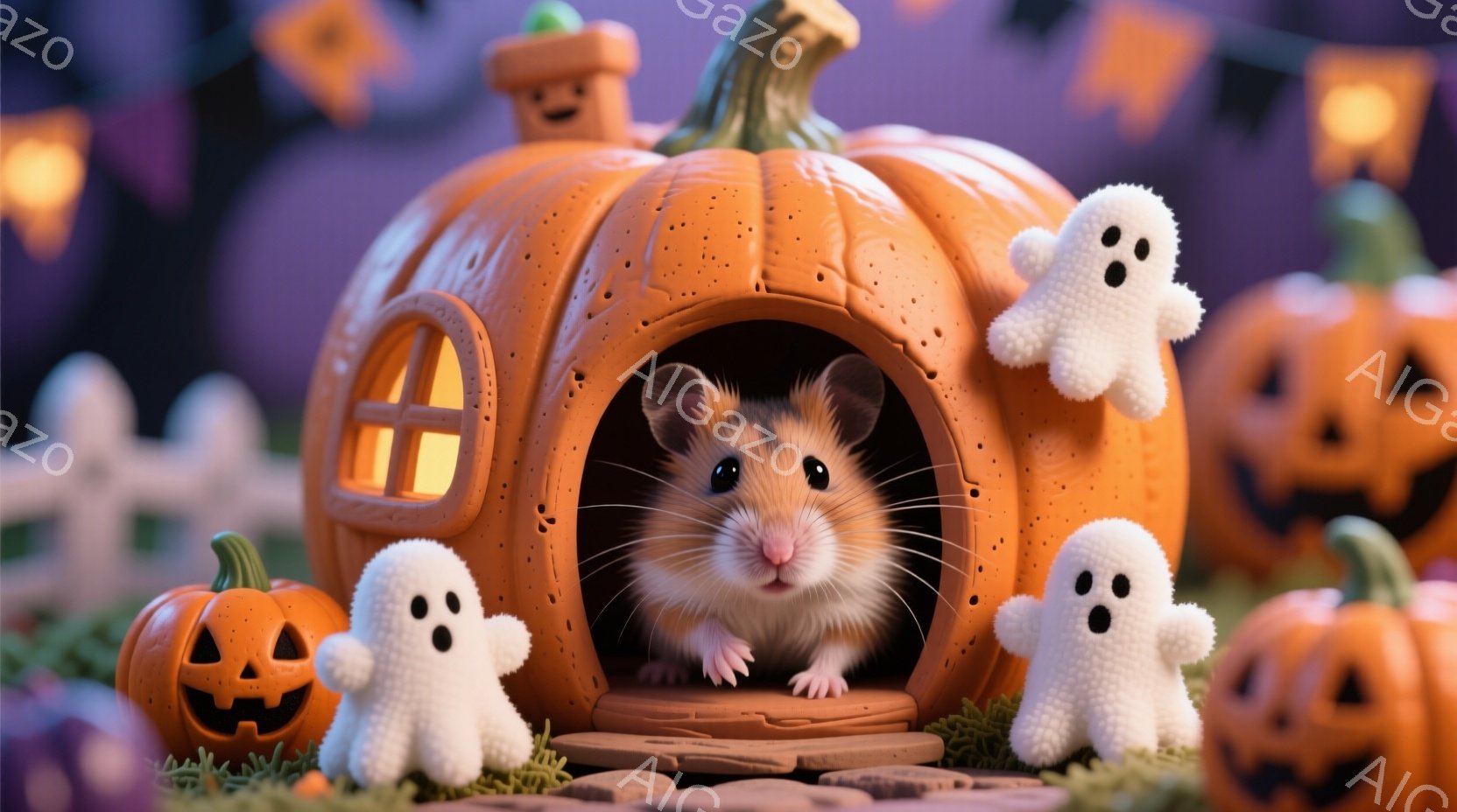 小さなハムスターがカボチャの形をした家に座っており、好奇心と少し恥ずかしそうな表情で正面を見つめています。 周りには小さな白い幽霊の人形と、ジャック・オー・ランタンが散りばめられ、緑色の苔が地面を覆っ - AI生成フリー素材