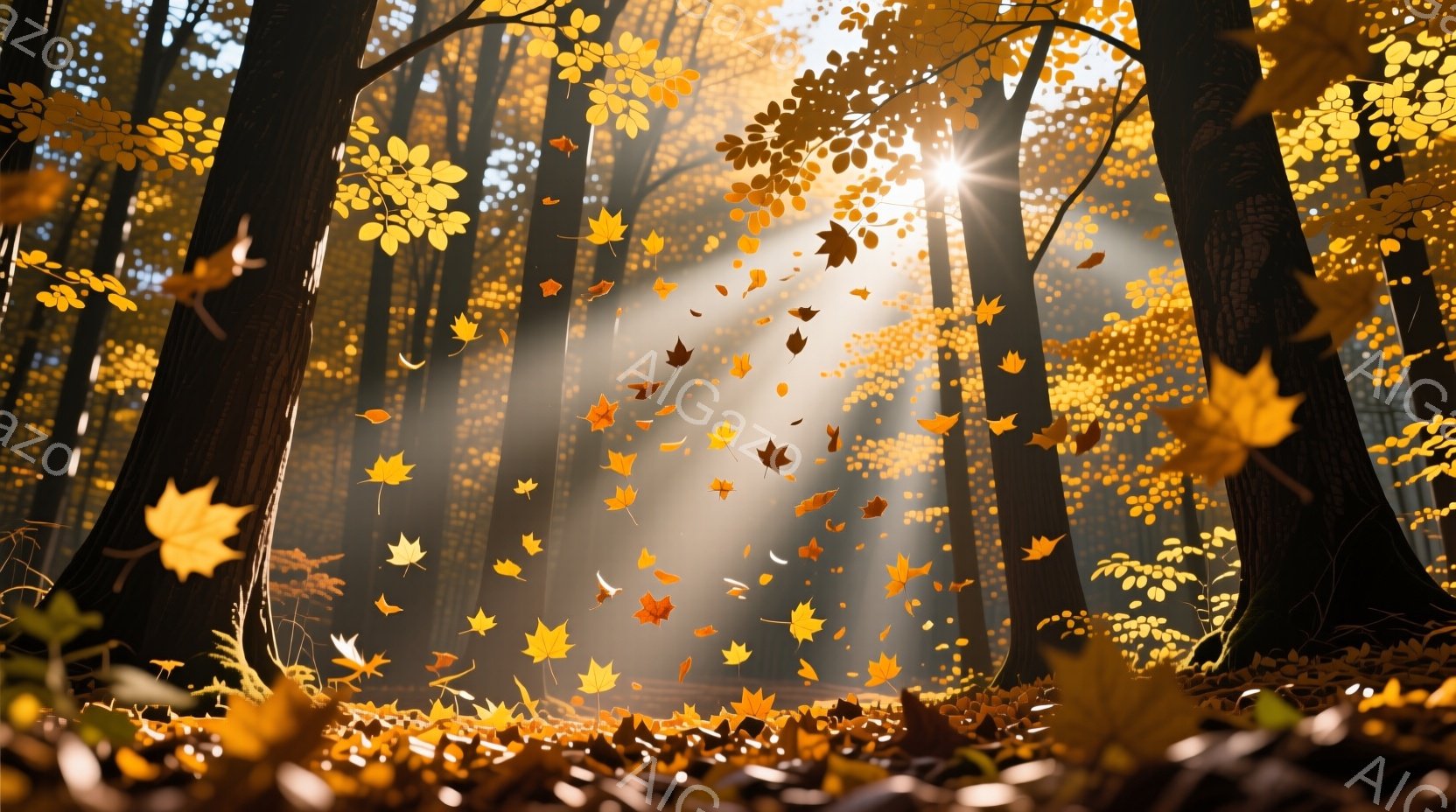 鮮やかなオレンジと黄色の紅葉が舞い散る、秋の森の風景です。光が木々の間から差し込み、地面を照らしており、落ち葉で覆われた地面が暖かく、穏やかな雰囲気を醸し出しています。木々は高くそびえ立ち、深みのある - AI生成フリー素材