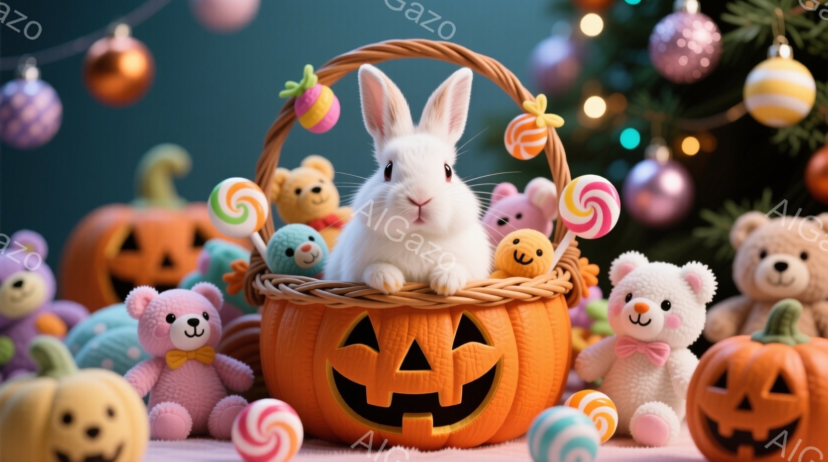 白いウサギが、ジャック・オー・ランタンの形をしたバスケットから顔を出しています。周囲にはピンクや水色のテディベア、カラフルなキャンディ、様々な表情をした小さなジャック・オー・ランタンが配置され、お祭り - AI生成フリー素材