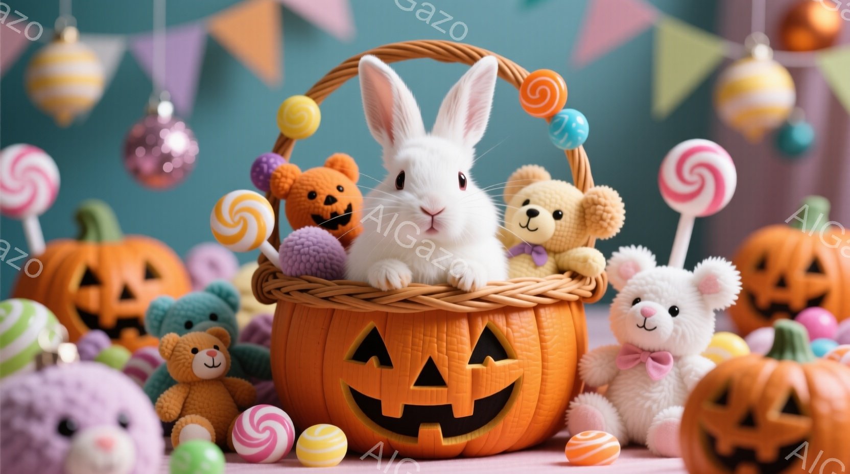 白いウサギがオレンジ色のジャック・オー・ランタンの形をしたバスケットに座っており、周りには様々な色をしたキャンディやテディベアが散らばっています。背景には、カラフルなオーナメントとピンク色のテーブルク - AI生成フリー素材