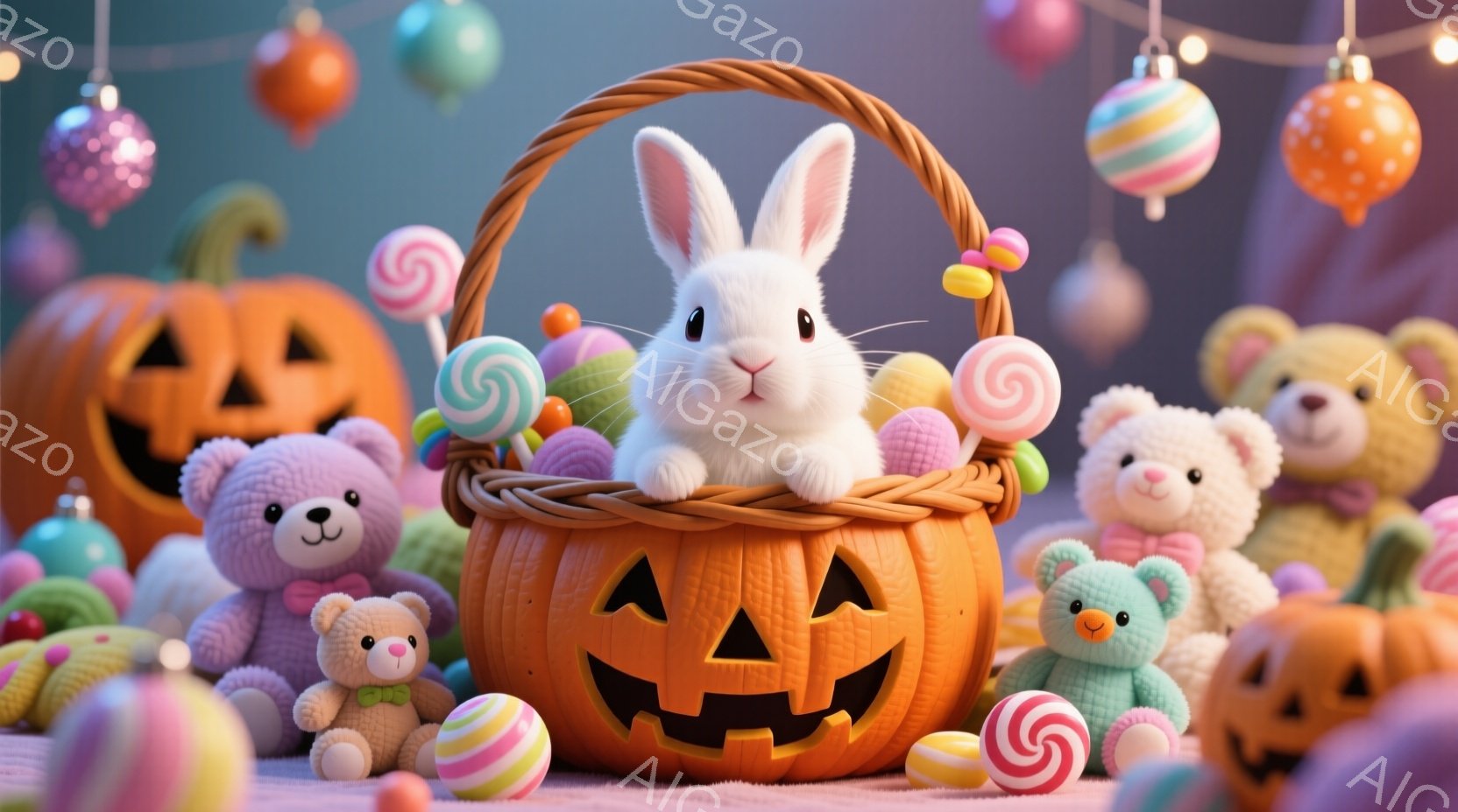 白いウサギが、ジャック・オー・ランタンを模したバスケットの中に座っており、その周りにはカラフルなキャンディやテディベアが散らばっています。背景には、ハロウィーンを彩る様々な装飾がぶら下がり、全体的に明 - AI生成フリー素材
