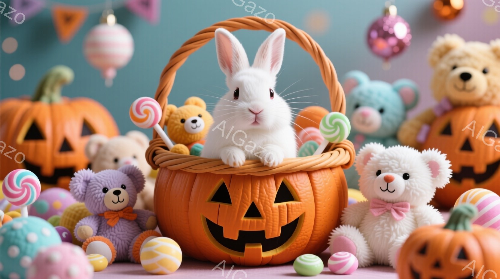 白い子ウサギがハロウィーン風のオレンジ色のカボチャのバスケットに座っており、好奇心と可愛らしさで前を見つめています。背景には、カラフルなイースターエッグ、キャンディ、テディベアのぬいぐるみが散りばめられ、さらにハロウィーンの小さなカボチャがいくつか配置されています。全体的に、パステルカラーと愛らしいキャラクターが、可愛らしく、お祝いの雰囲気を醸し出しています。
