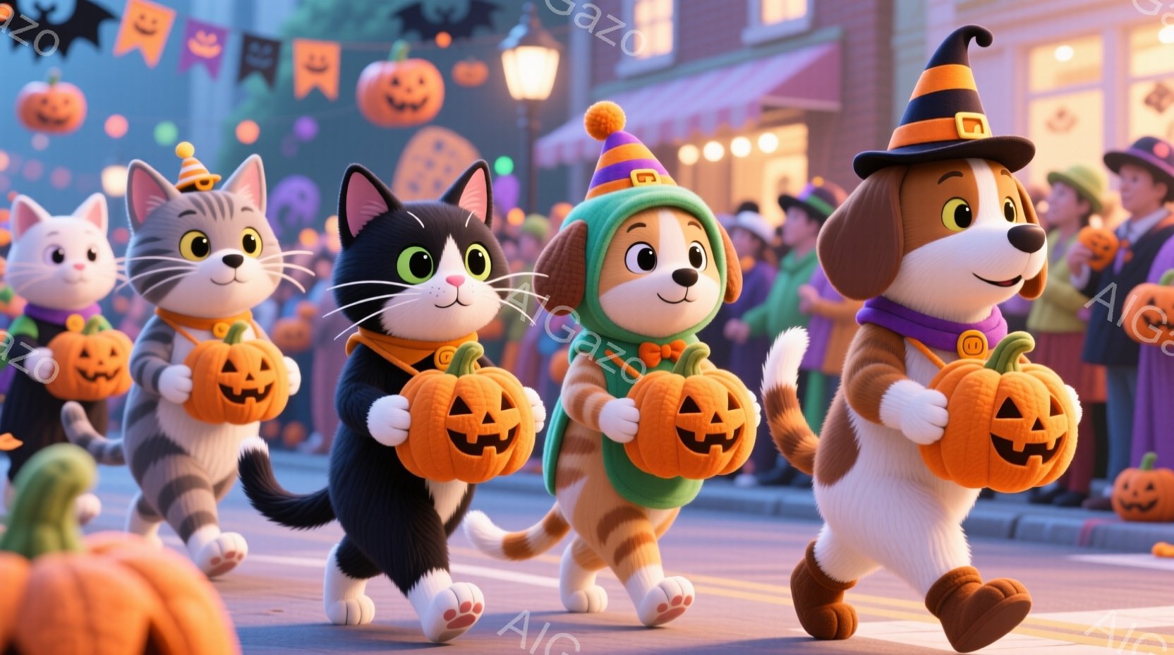 ハロウィーンのパレードを歩く、猫と犬のキャラクターたちが描かれています。それぞれがオレンジ色のカボチャの形をしたお菓子入れを持っており、猫はグレーと黒、犬は茶色と白の毛並みをしています。背景には、ハロ - AI生成フリー素材