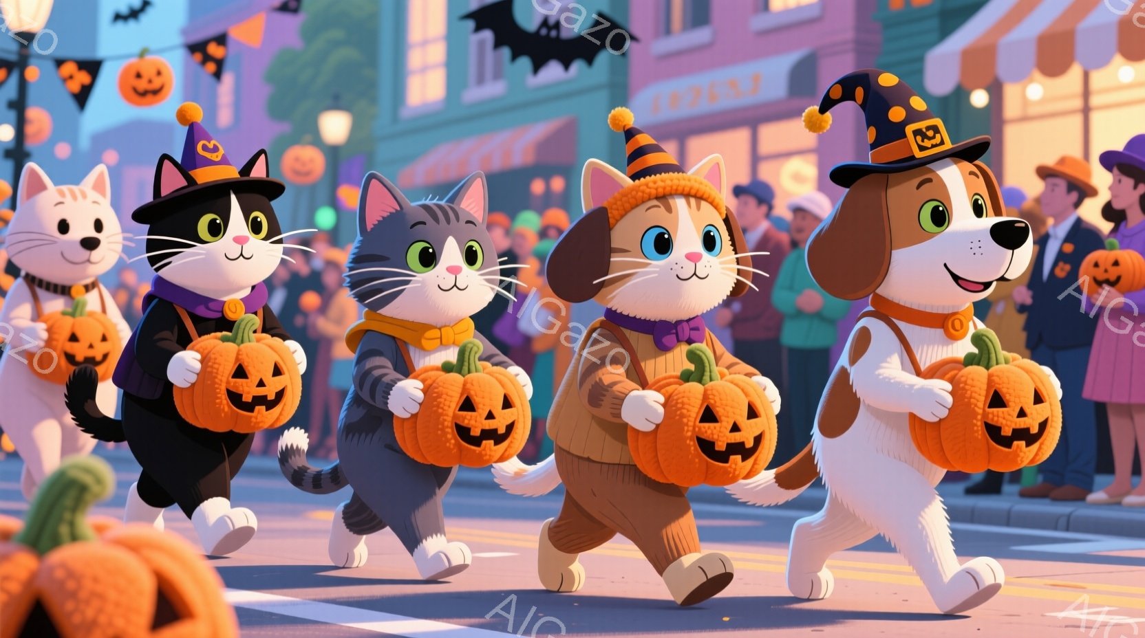 ハロウィーンの夜に、黒、グレー、茶色、白の猫と犬が、それぞれカボチャのランタンを持って歩いている様子が描かれている。動物たちはハロウィーンの衣装を着ており、黒猫は帽子とマント、グレーの猫はセーター、茶 - AI生成フリー素材