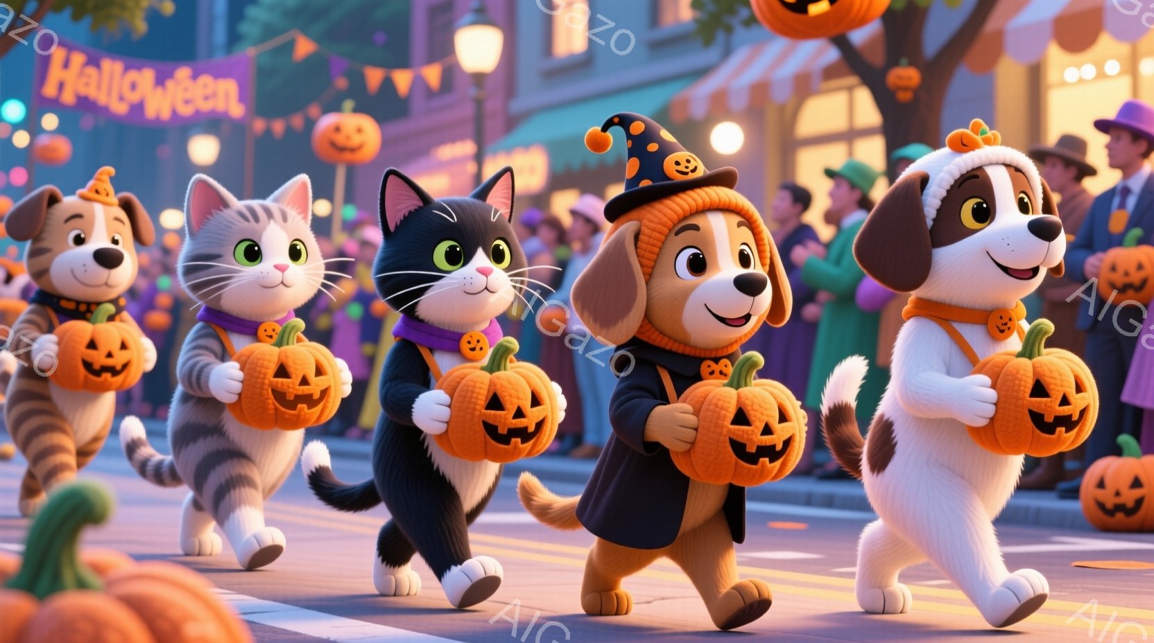 ハロウィーンの装飾が施された通りを、カボチャのバケツを持った犬と猫たちが歩いている様子が描かれている。それぞれの動物は、ハロウィーンをテーマにした帽子や襟巻を身につけ、楽しげな表情をしている。背景には、色とりどりのカボチャや装飾が施された建物が見え、秋のハロウィーンの賑やかな雰囲気が感じられる。